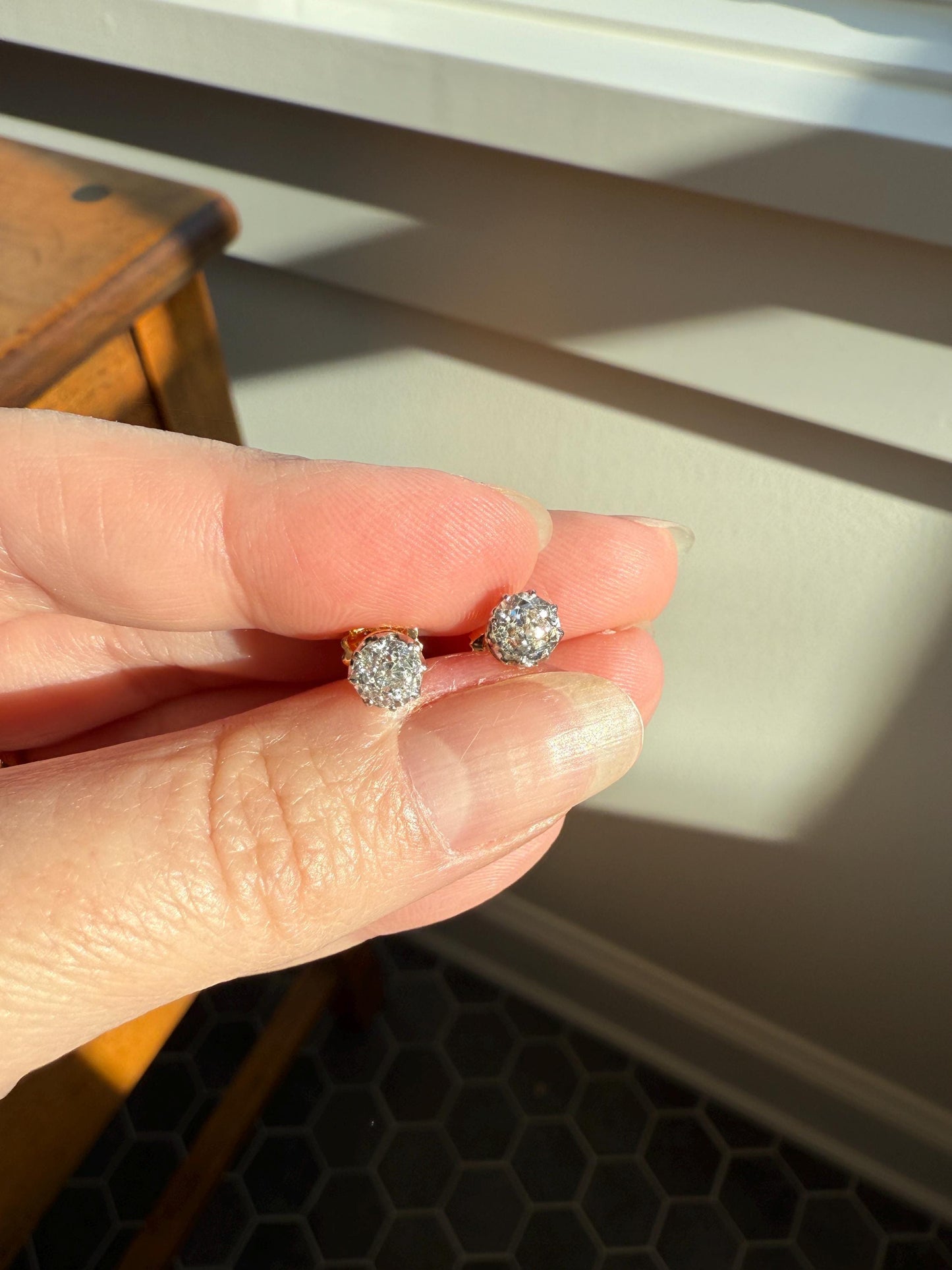 Antique 1.2 Carat Tdw Old Mine Cut DIAMOND Natural Studs 18k Gold Solid Screw Back Stud EARRINGS French Gift Belle Epoque Bridal Minimalist