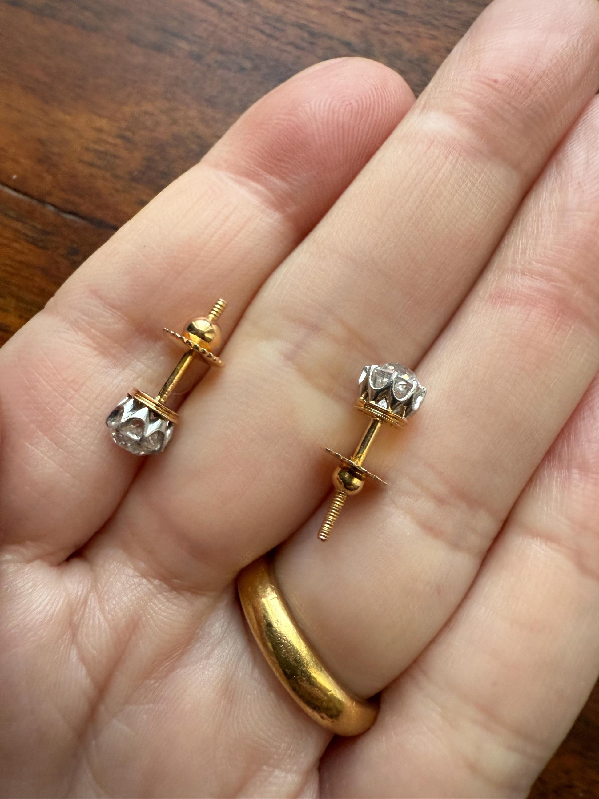 Antique 1.2 Carat Tdw Old Mine Cut DIAMOND Natural Studs 18k Gold Solid Screw Back Stud EARRINGS French Gift Belle Epoque Bridal Minimalist