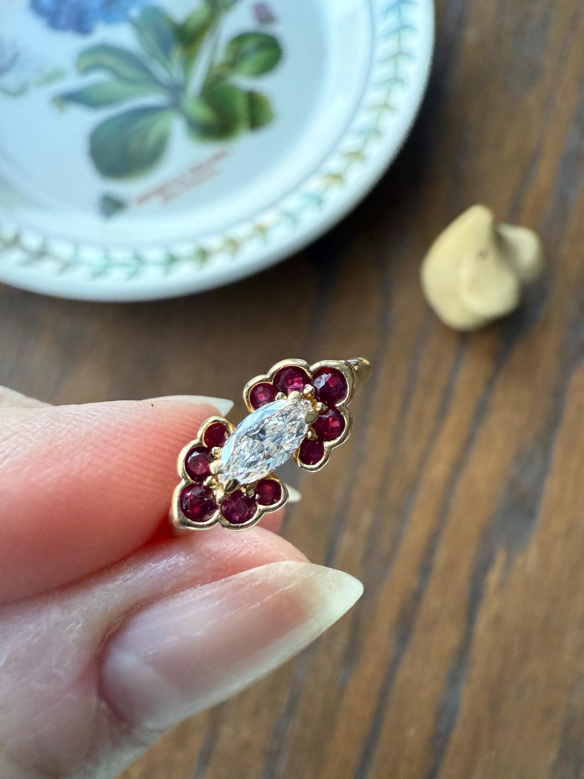 Boxed PIAGET Vintage East West MARQUISE Diamond Scalloped Ruby Halo 18k Gold Ring French Navette Cut Stacker