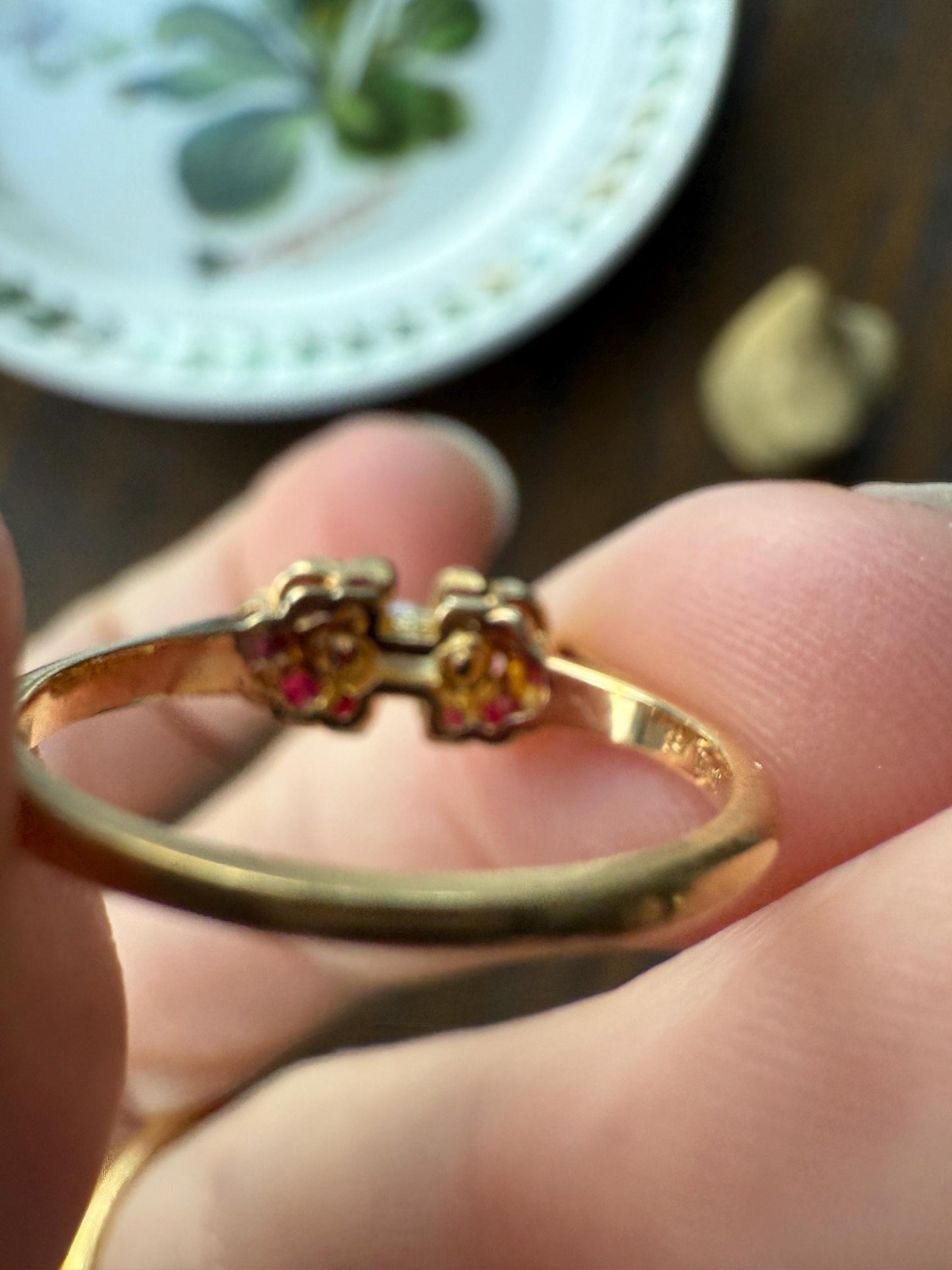 Boxed PIAGET Vintage East West MARQUISE Diamond Scalloped Ruby Halo 18k Gold Ring French Navette Cut Stacker