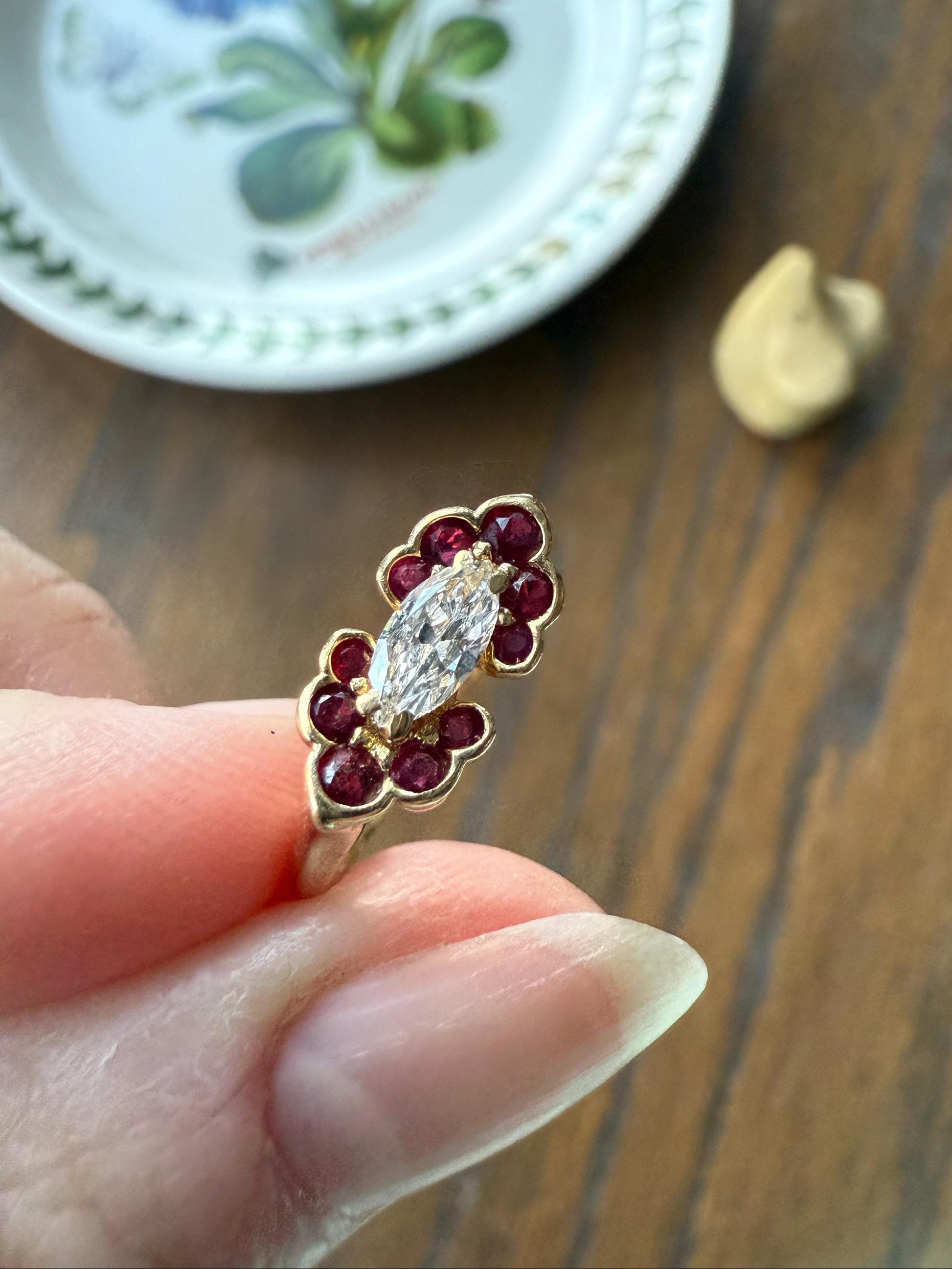 Boxed PIAGET Vintage East West MARQUISE Diamond Scalloped Ruby Halo 18k Gold Ring French Navette Cut Stacker