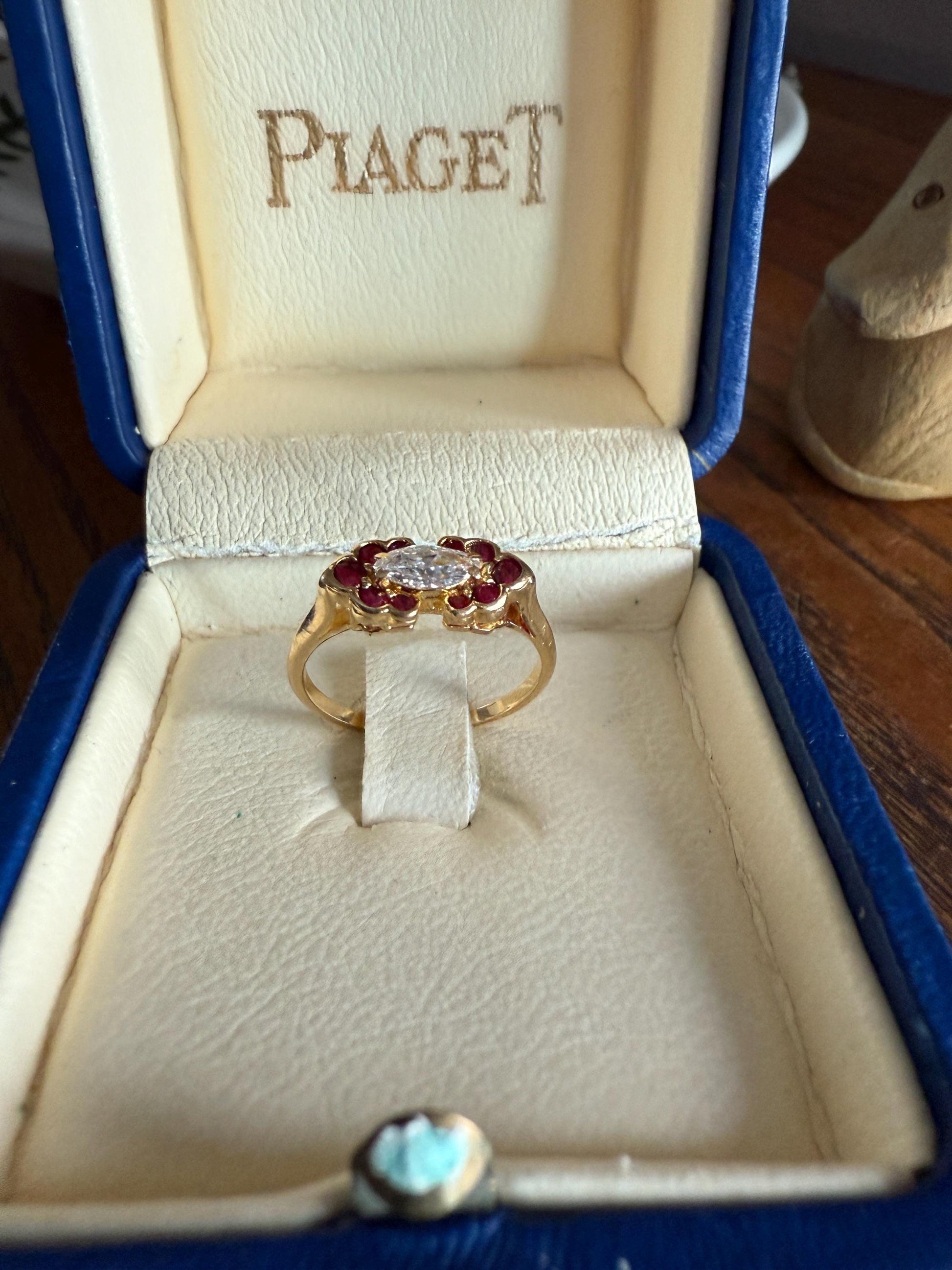 Boxed PIAGET Vintage East West MARQUISE Diamond Scalloped Ruby Halo 18k Gold Ring French Navette Cut Stacker