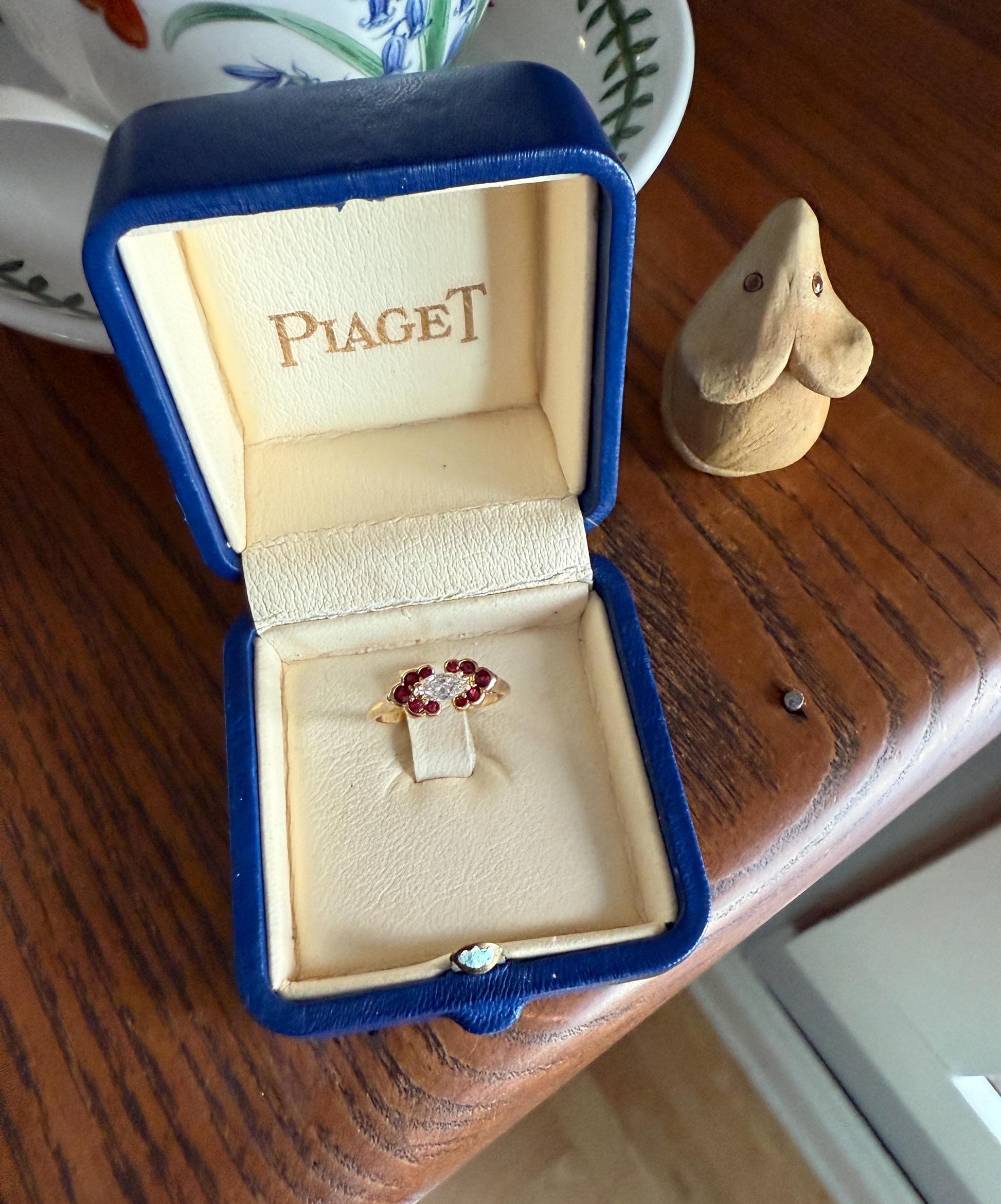 Boxed PIAGET Vintage East West MARQUISE Diamond Scalloped Ruby Halo 18k Gold Ring French Navette Cut Stacker