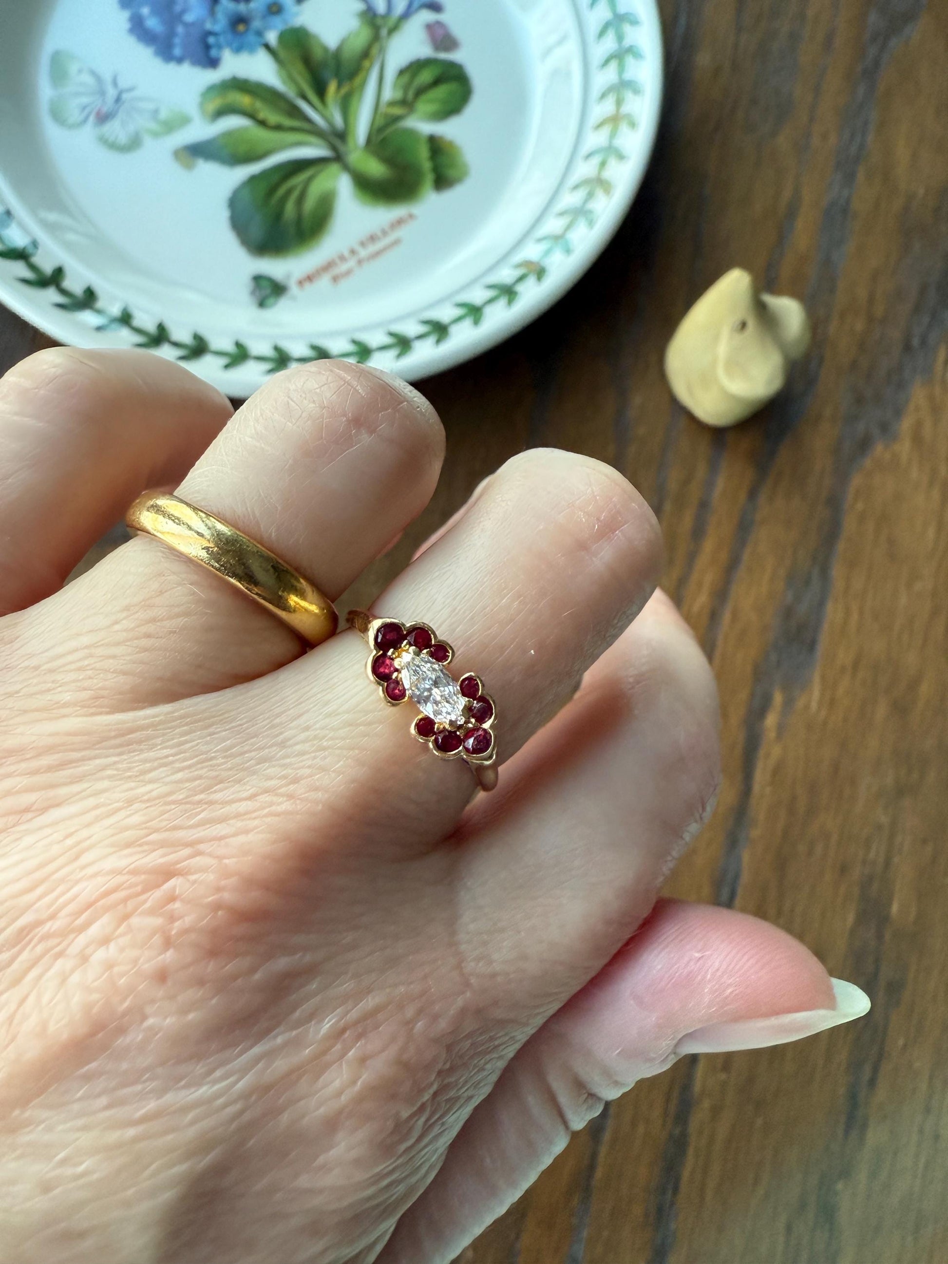 Boxed PIAGET Vintage East West MARQUISE Diamond Scalloped Ruby Halo 18k Gold Ring French Navette Cut Stacker