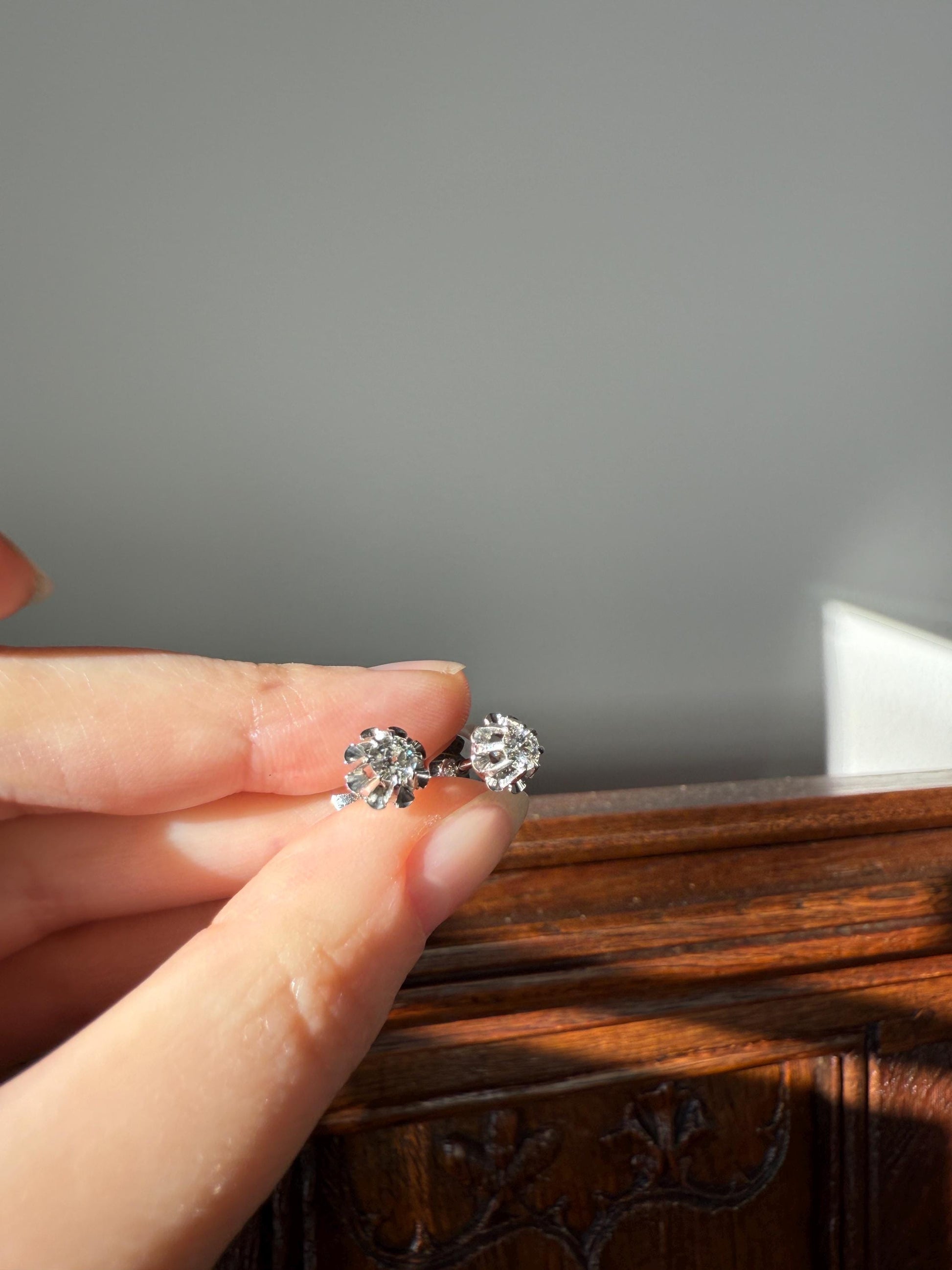 Antique .7 Carat Tdw Old Mine Cut DIAMOND Natural Stud Earrings 18k White Gold Bridal Something Old Minimalist OMC