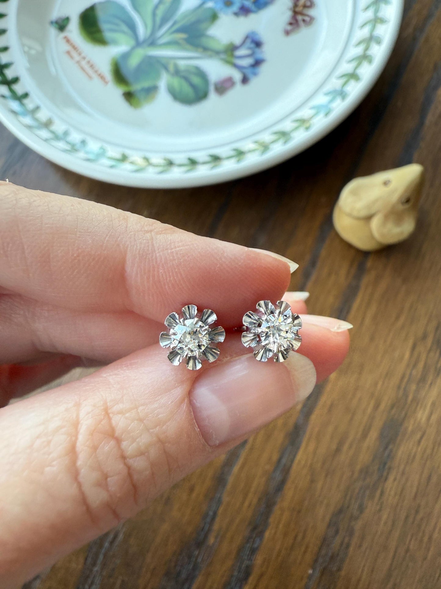 Antique .7 Carat Tdw Old Mine Cut DIAMOND Natural Stud Earrings 18k White Gold Bridal Something Old Minimalist OMC