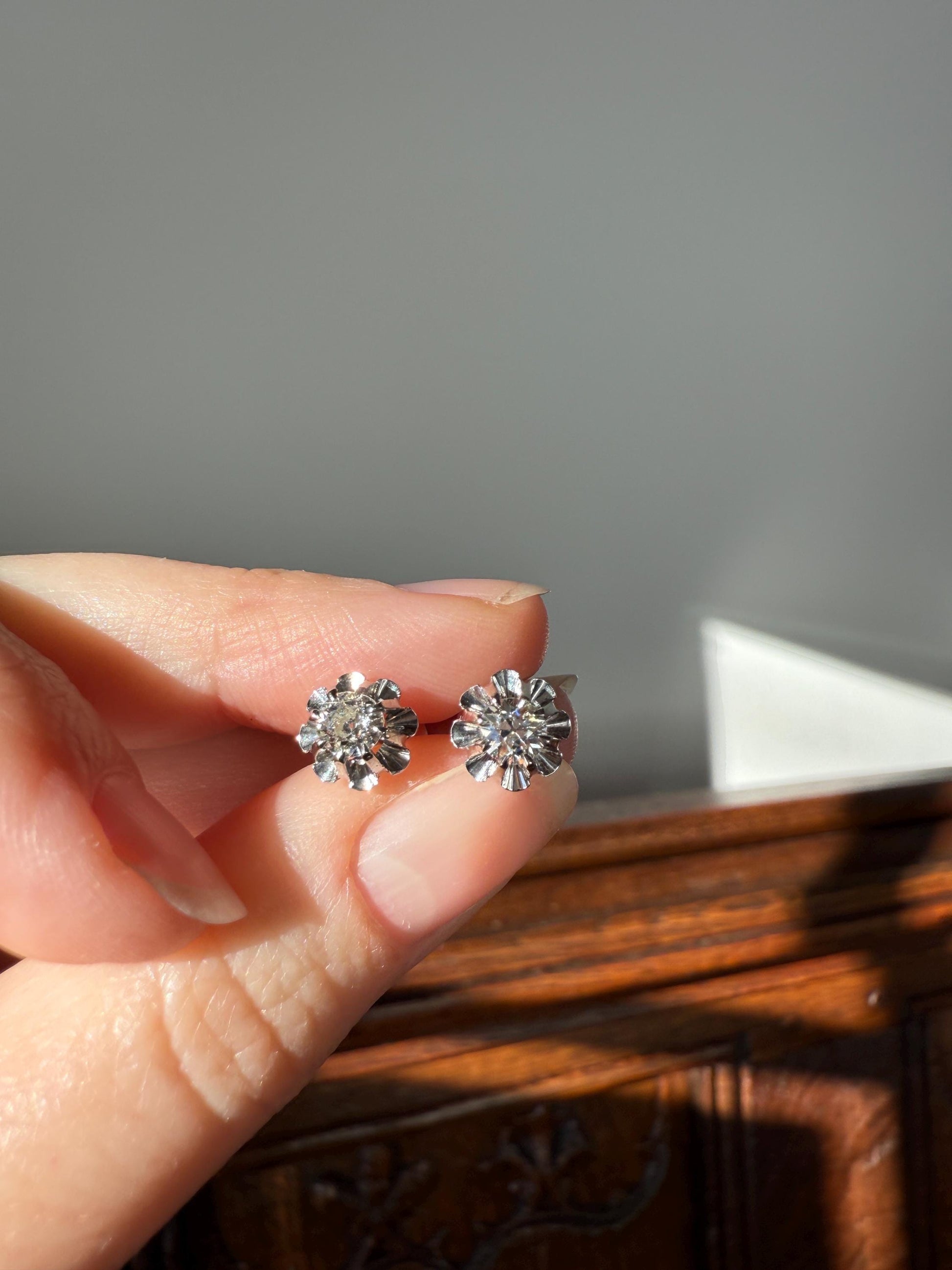 Antique .7 Carat Tdw Old Mine Cut DIAMOND Natural Stud Earrings 18k White Gold Bridal Something Old Minimalist OMC