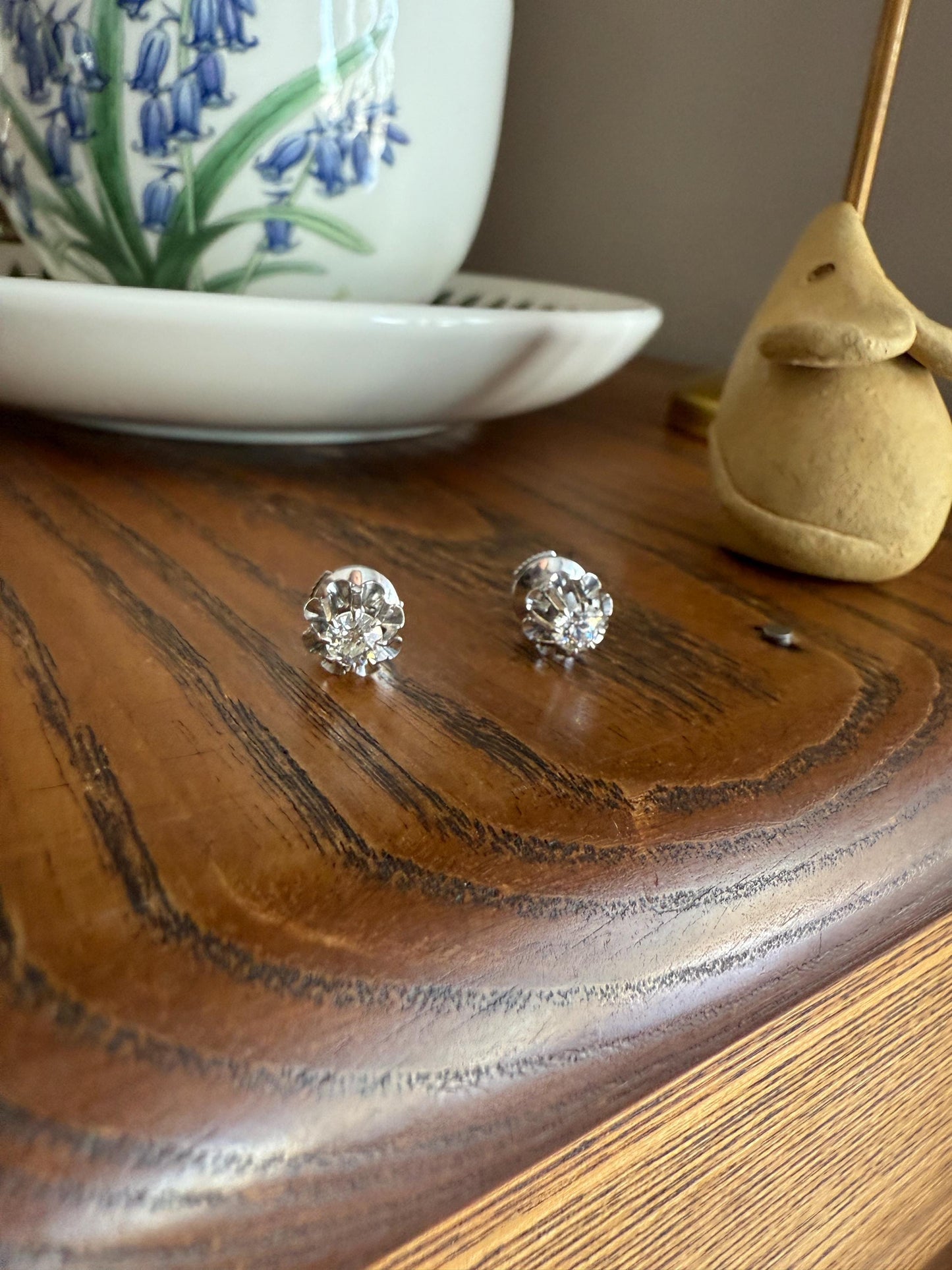 Antique .7 Carat Tdw Old Mine Cut DIAMOND Natural Stud Earrings 18k White Gold Bridal Something Old Minimalist OMC