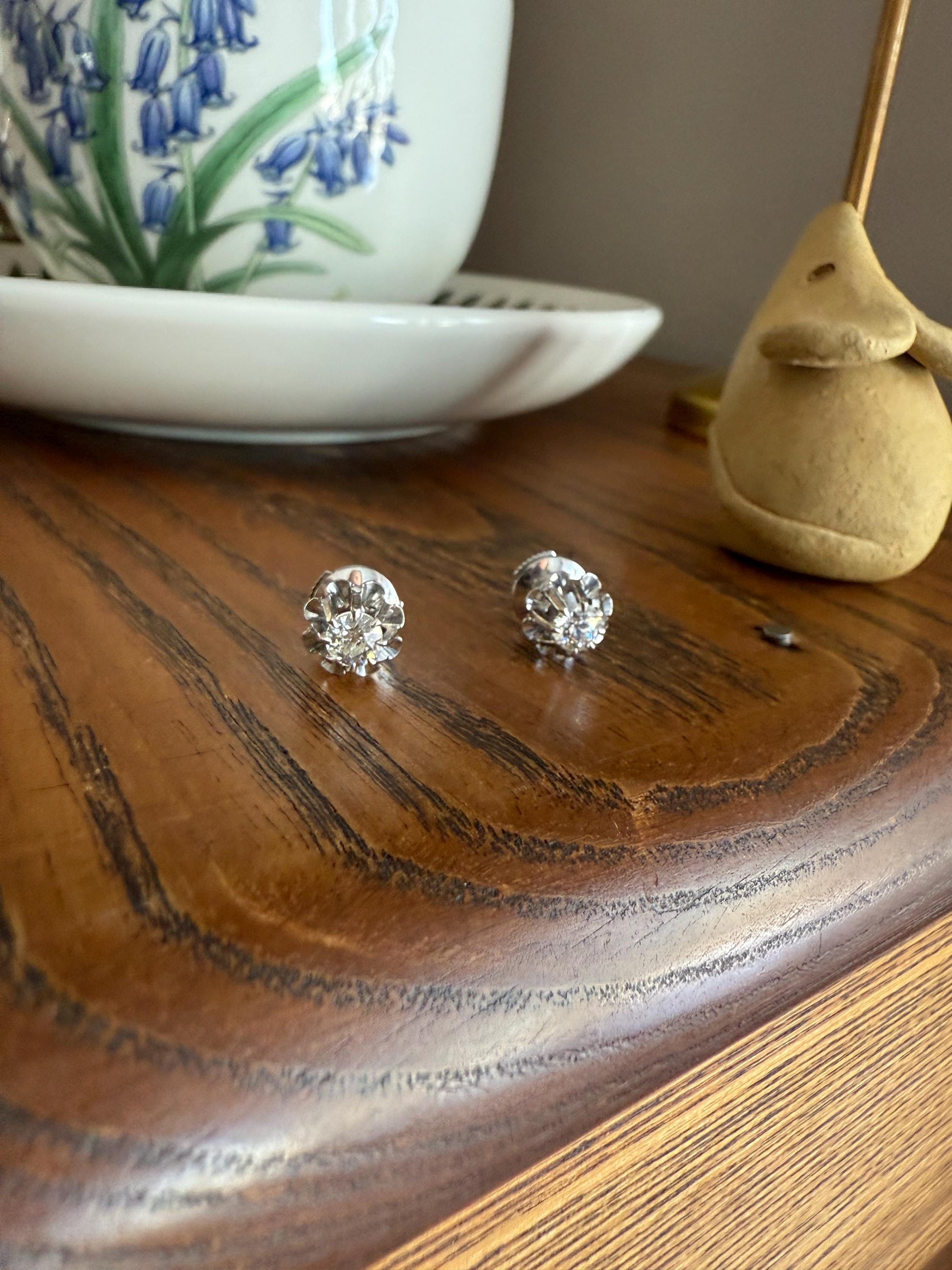 Antique .7 Carat Tdw Old Mine Cut DIAMOND Natural Stud Earrings 18k White Gold Bridal Something Old Minimalist OMC