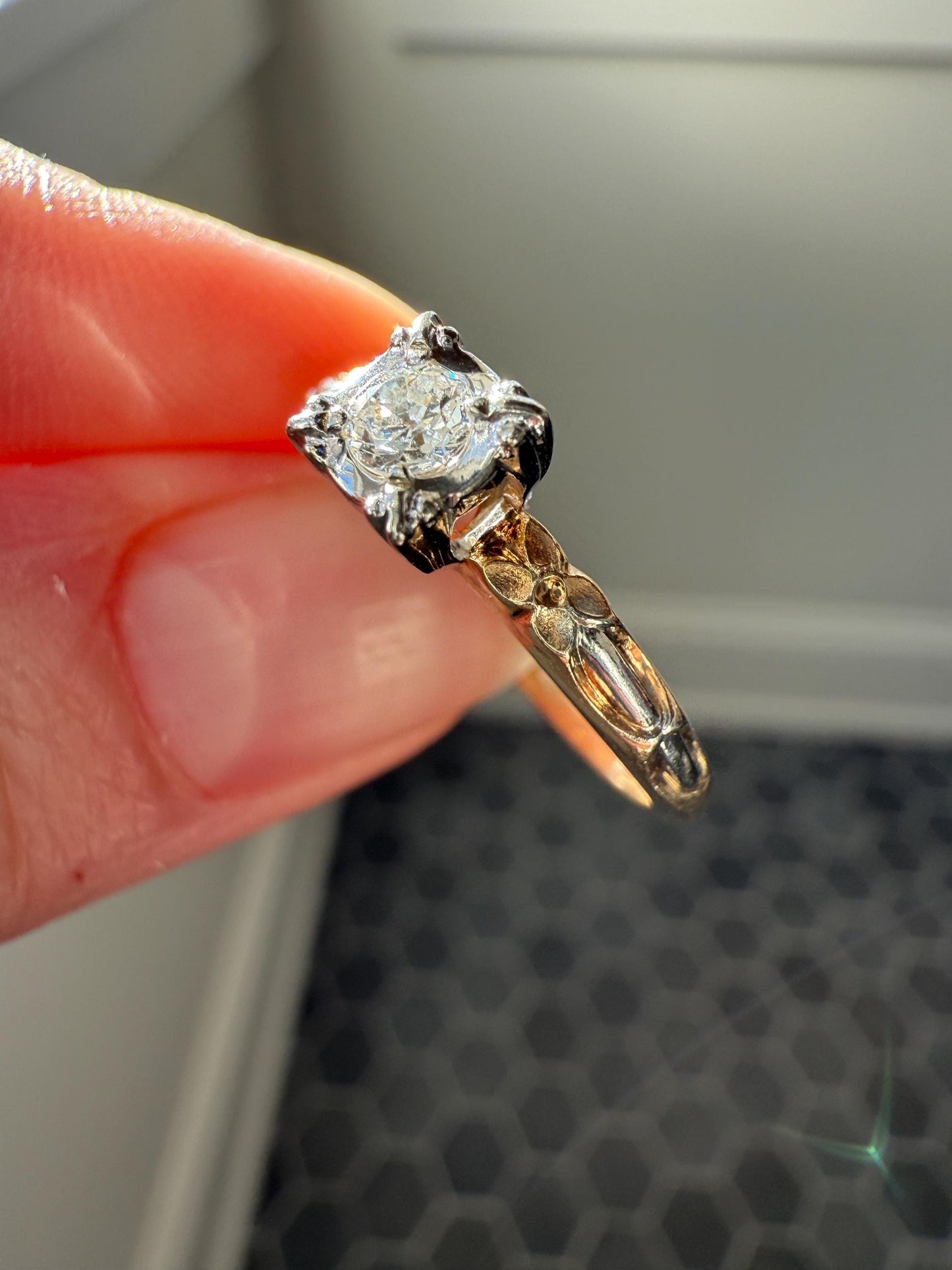 FORGET Me NOT Floral Sweetie Antique Old European Cut Diamond Solitaire Engagement Wedding Ring Stacker Band 14k Gold JR Wood Art Deco