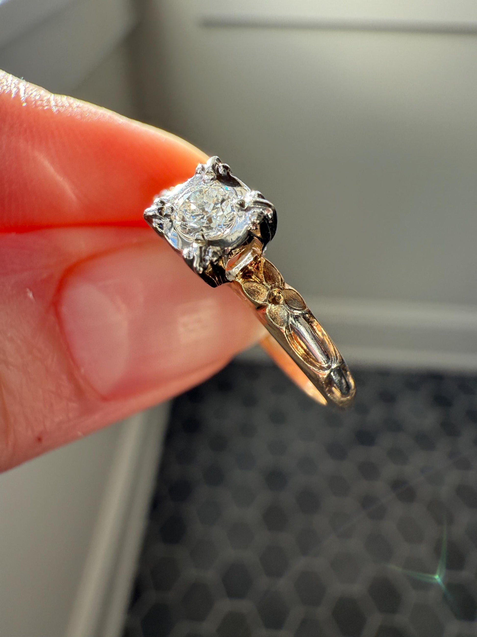 FORGET Me NOT Floral Sweetie Antique Old European Cut Diamond Solitaire Engagement Wedding Ring Stacker Band 14k Gold JR Wood Art Deco