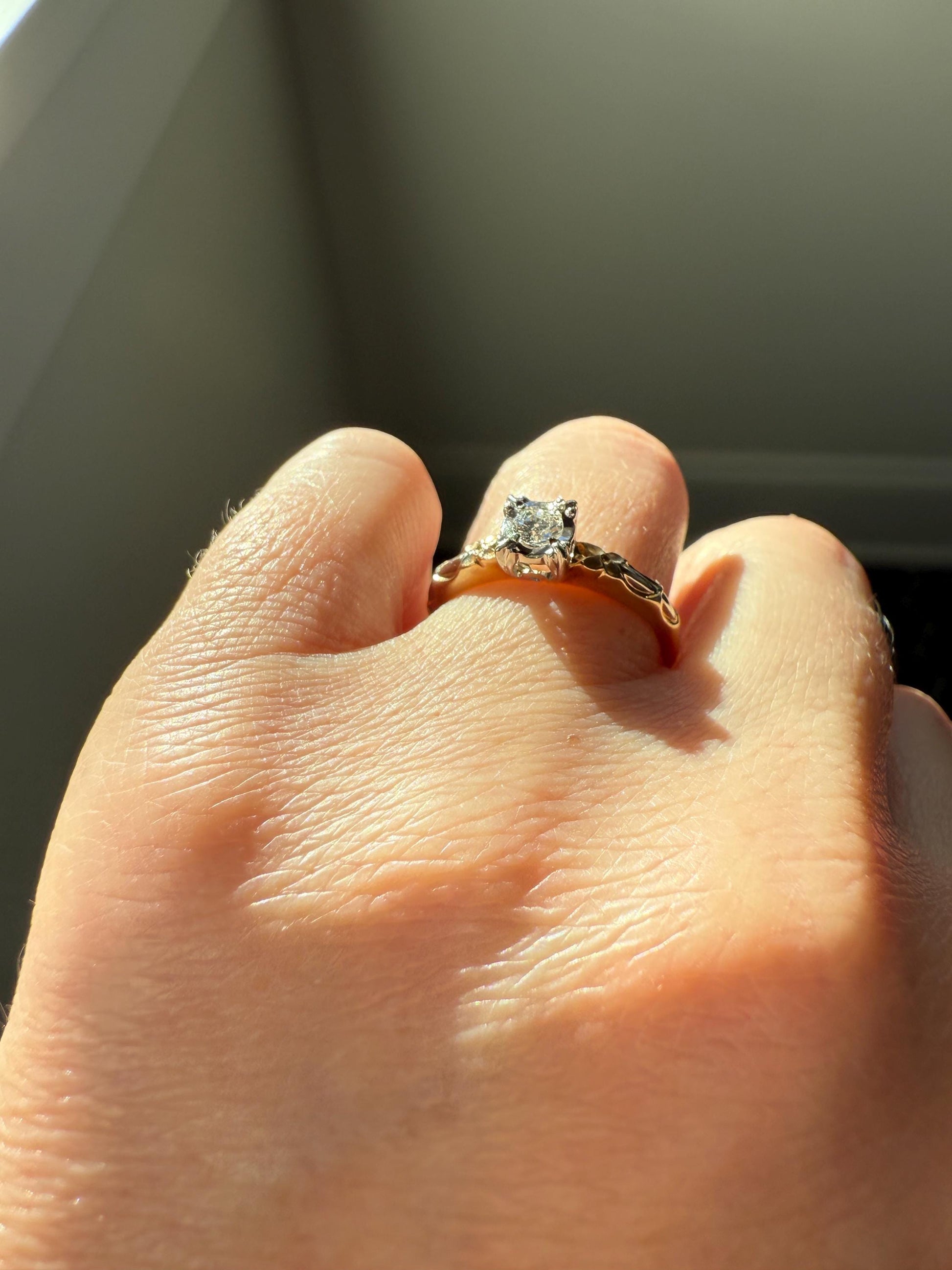 FORGET Me NOT Floral Sweetie Antique Old European Cut Diamond Solitaire Engagement Wedding Ring Stacker Band 14k Gold JR Wood Art Deco