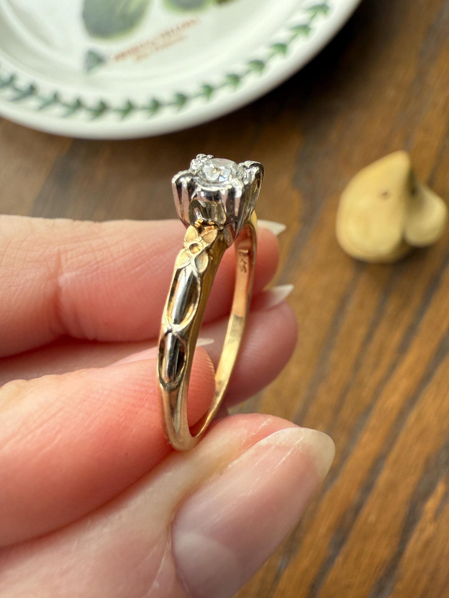 FORGET Me NOT Floral Sweetie Antique Old European Cut Diamond Solitaire Engagement Wedding Ring Stacker Band 14k Gold JR Wood Art Deco