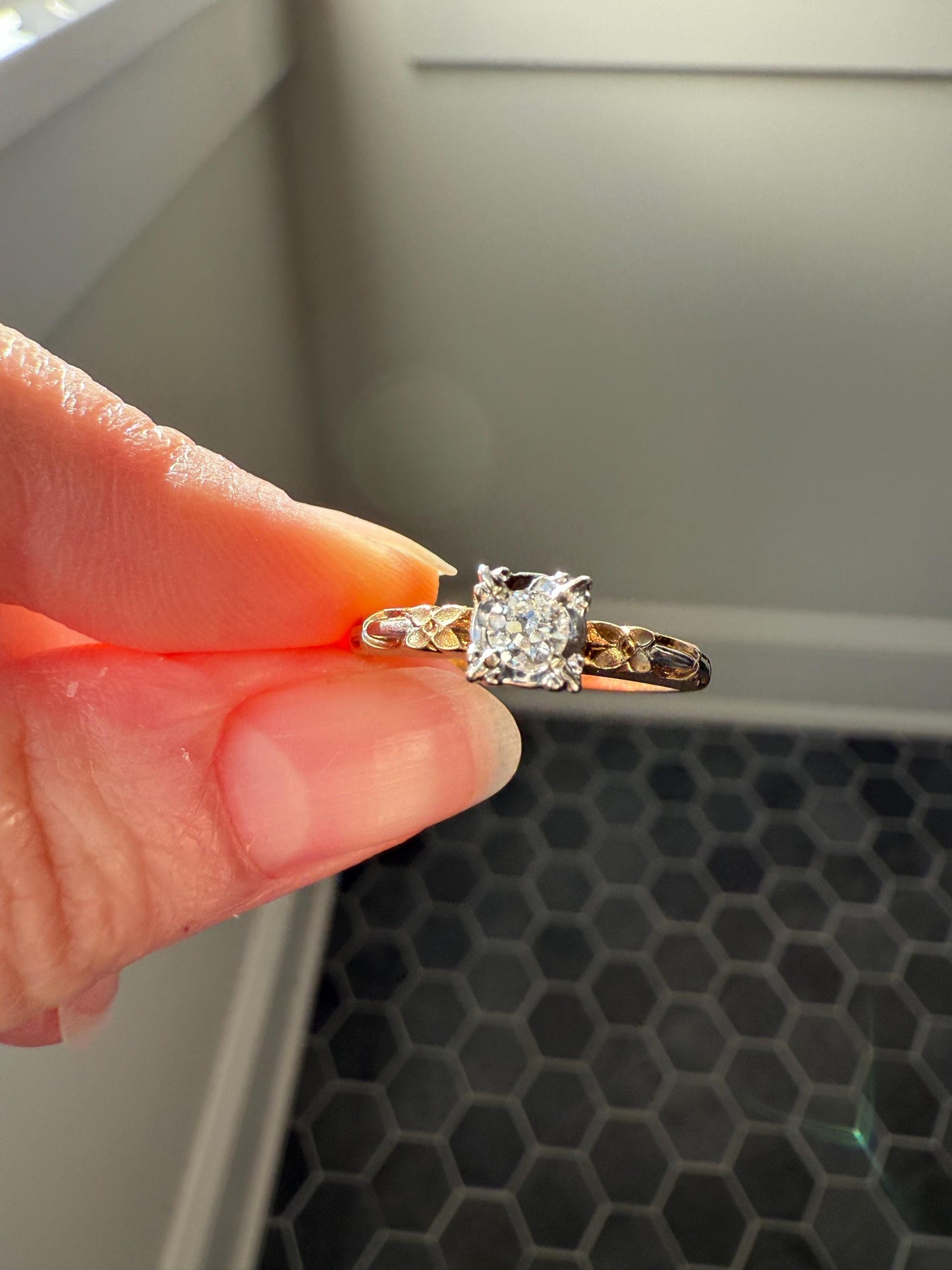 FORGET Me NOT Floral Sweetie Antique Old European Cut Diamond Solitaire Engagement Wedding Ring Stacker Band 14k Gold JR Wood Art Deco