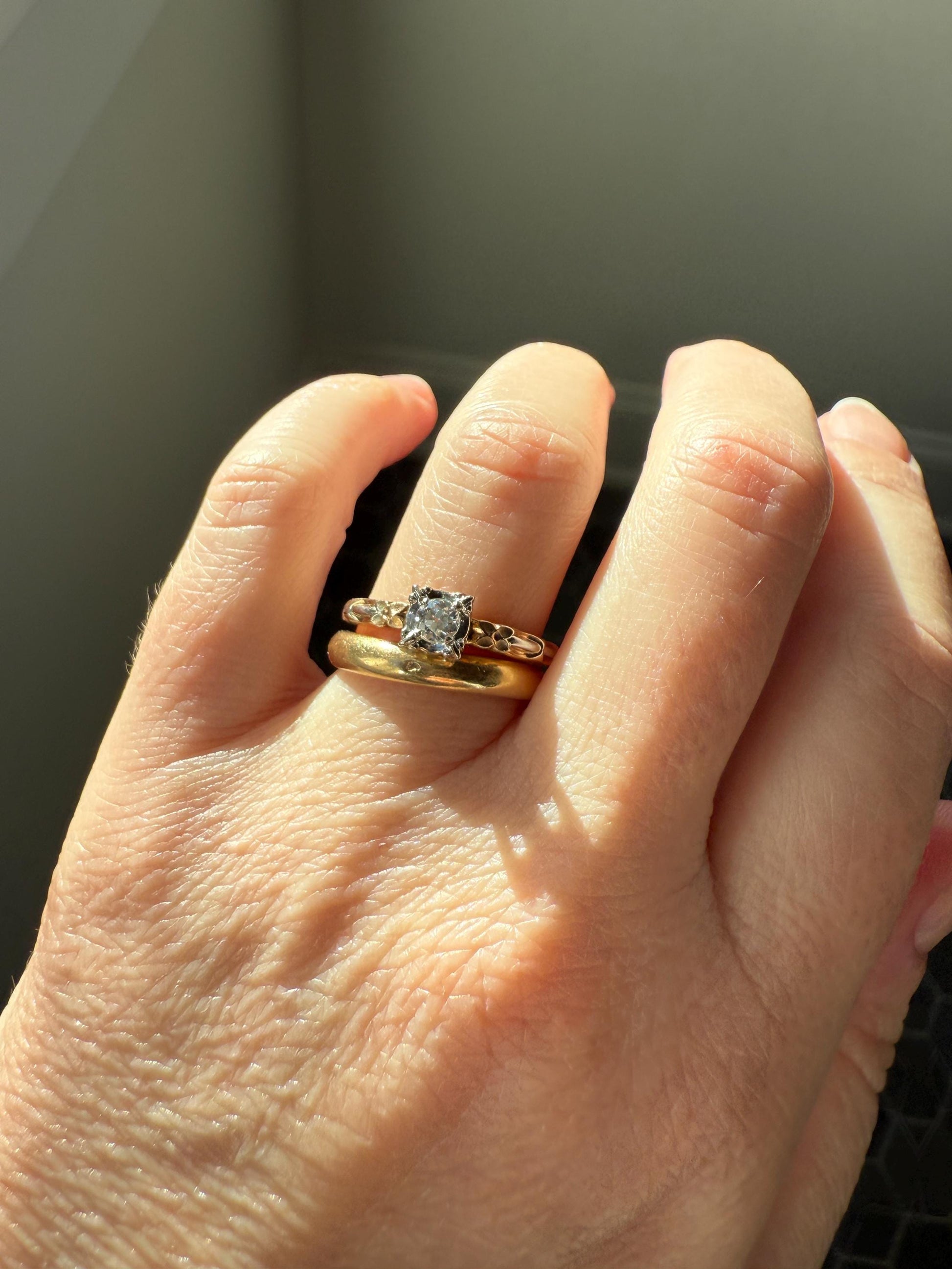 FORGET Me NOT Floral Sweetie Antique Old European Cut Diamond Solitaire Engagement Wedding Ring Stacker Band 14k Gold JR Wood Art Deco