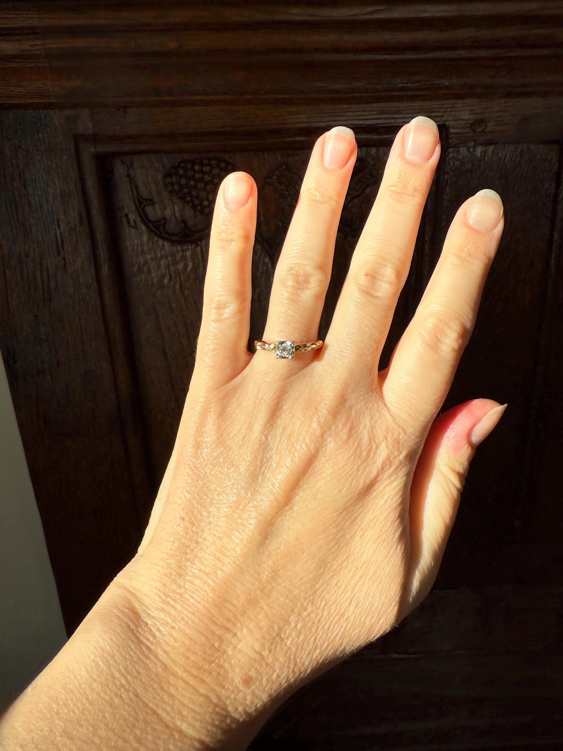 FORGET Me NOT Floral Sweetie Antique Old European Cut Diamond Solitaire Engagement Wedding Ring Stacker Band 14k Gold JR Wood Art Deco