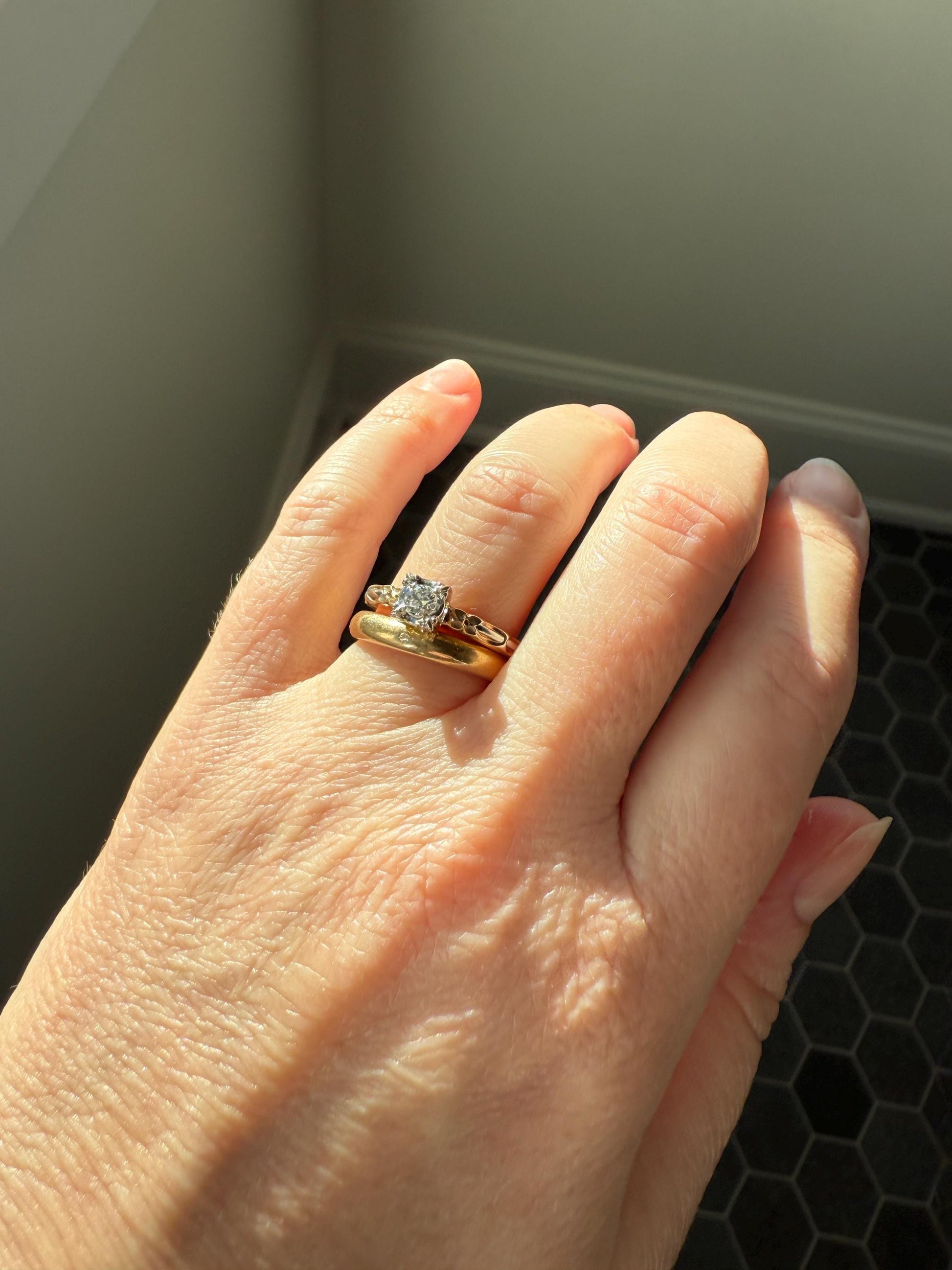 FORGET Me NOT Floral Sweetie Antique Old European Cut Diamond Solitaire Engagement Wedding Ring Stacker Band 14k Gold JR Wood Art Deco