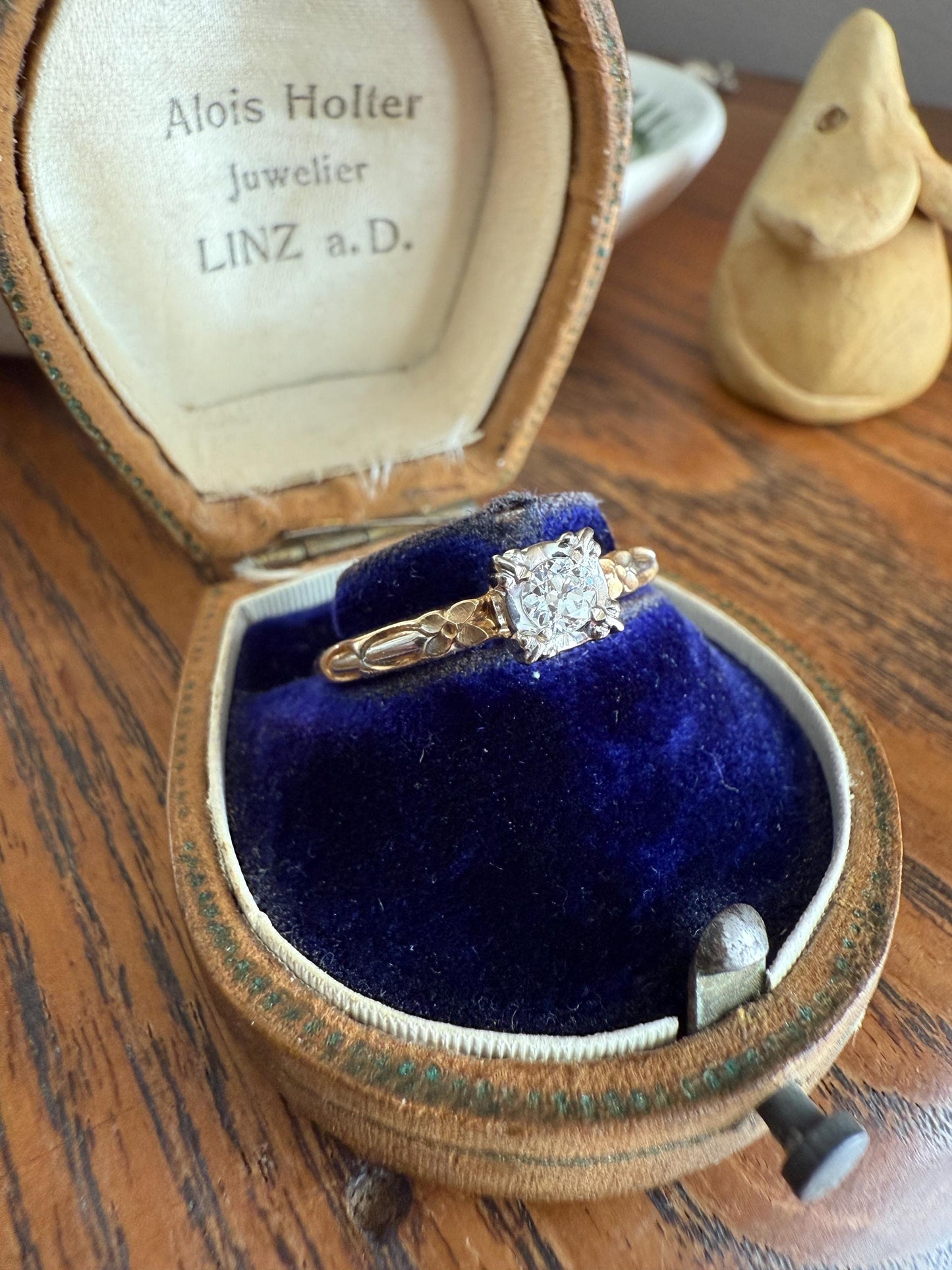 FORGET Me NOT Floral Sweetie Antique Old European Cut Diamond Solitaire Engagement Wedding Ring Stacker Band 14k Gold JR Wood Art Deco