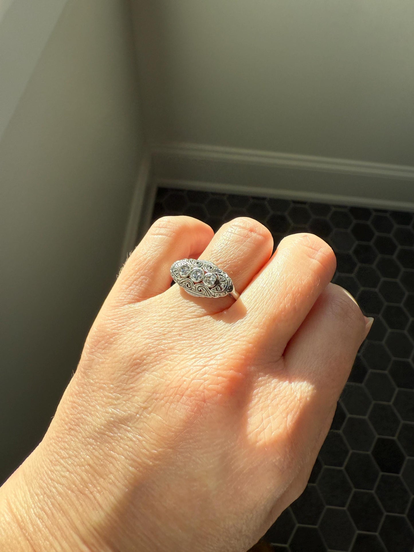 Three Stone Antique East West Filigree Navette Marquise Ring Antique 14k White Gold & Platinum Transitional Cut DIAMOND Unique Band Stacker