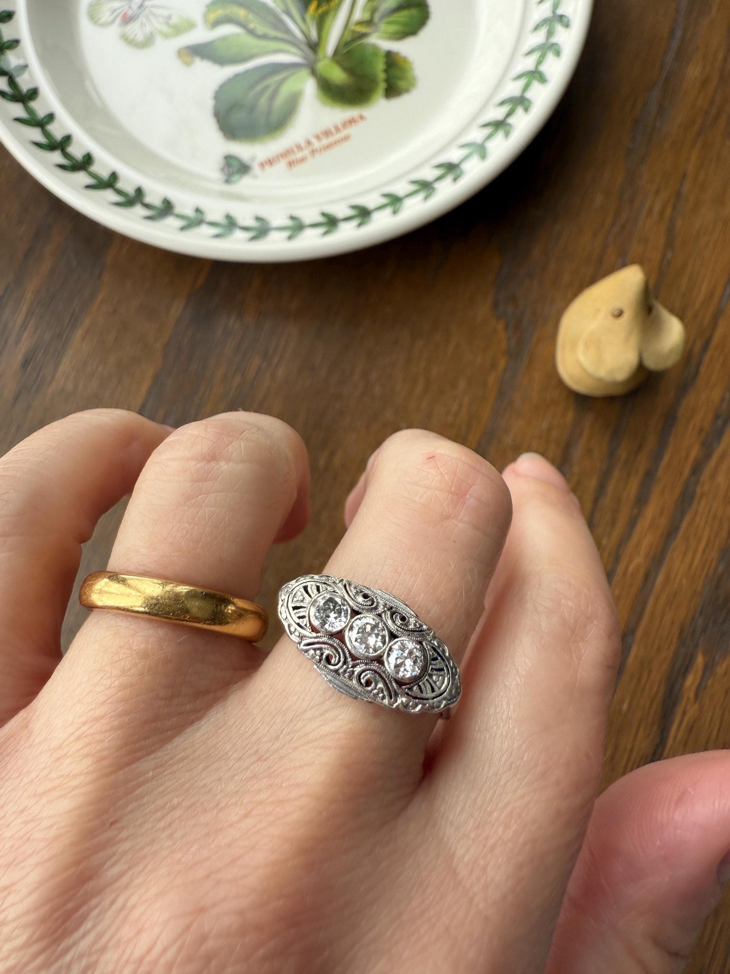Three Stone Antique East West Filigree Navette Marquise Ring Antique 14k White Gold & Platinum Transitional Cut DIAMOND Unique Band Stacker