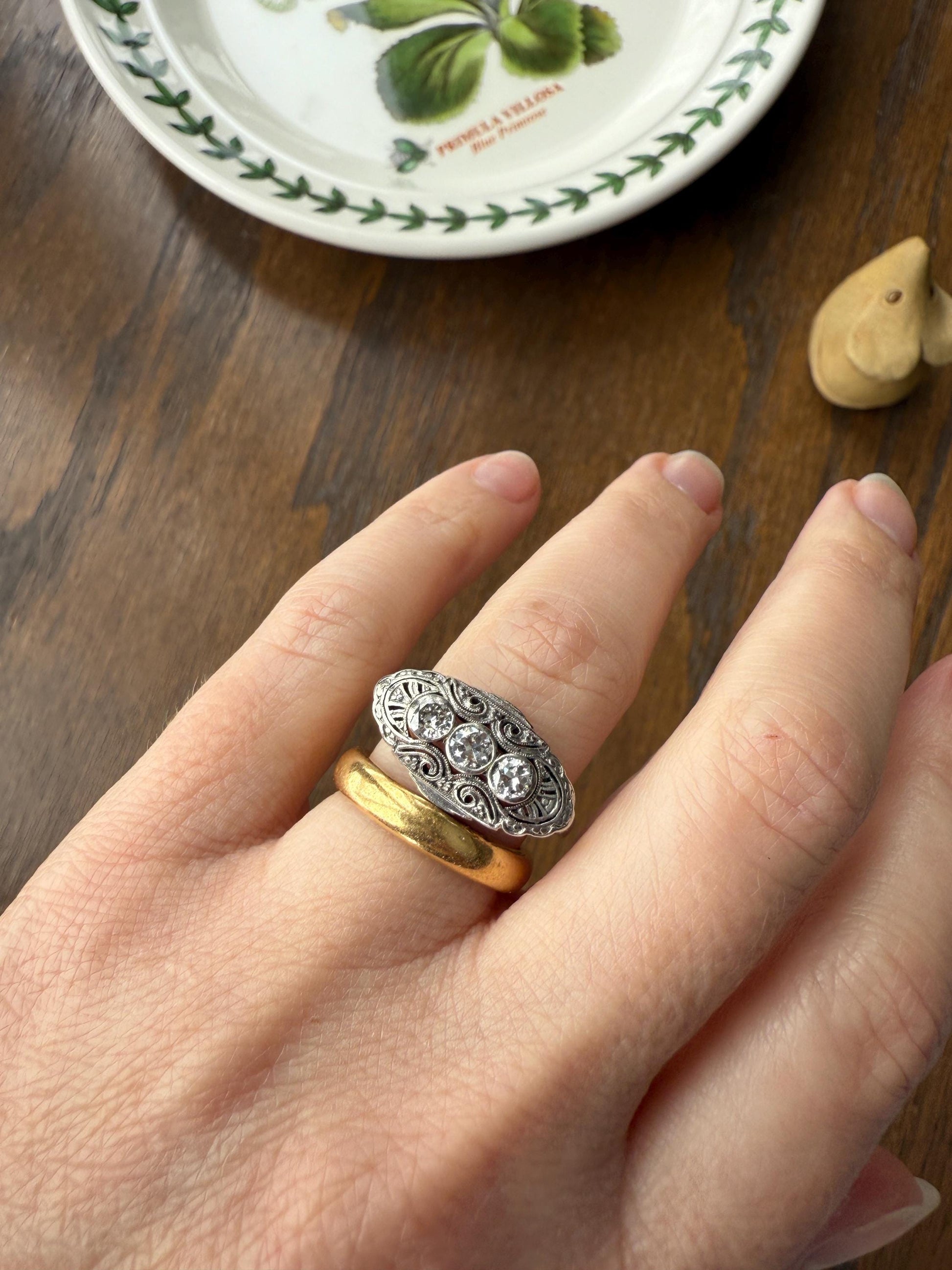 Three Stone Antique East West Filigree Navette Marquise Ring Antique 14k White Gold & Platinum Transitional Cut DIAMOND Unique Band Stacker