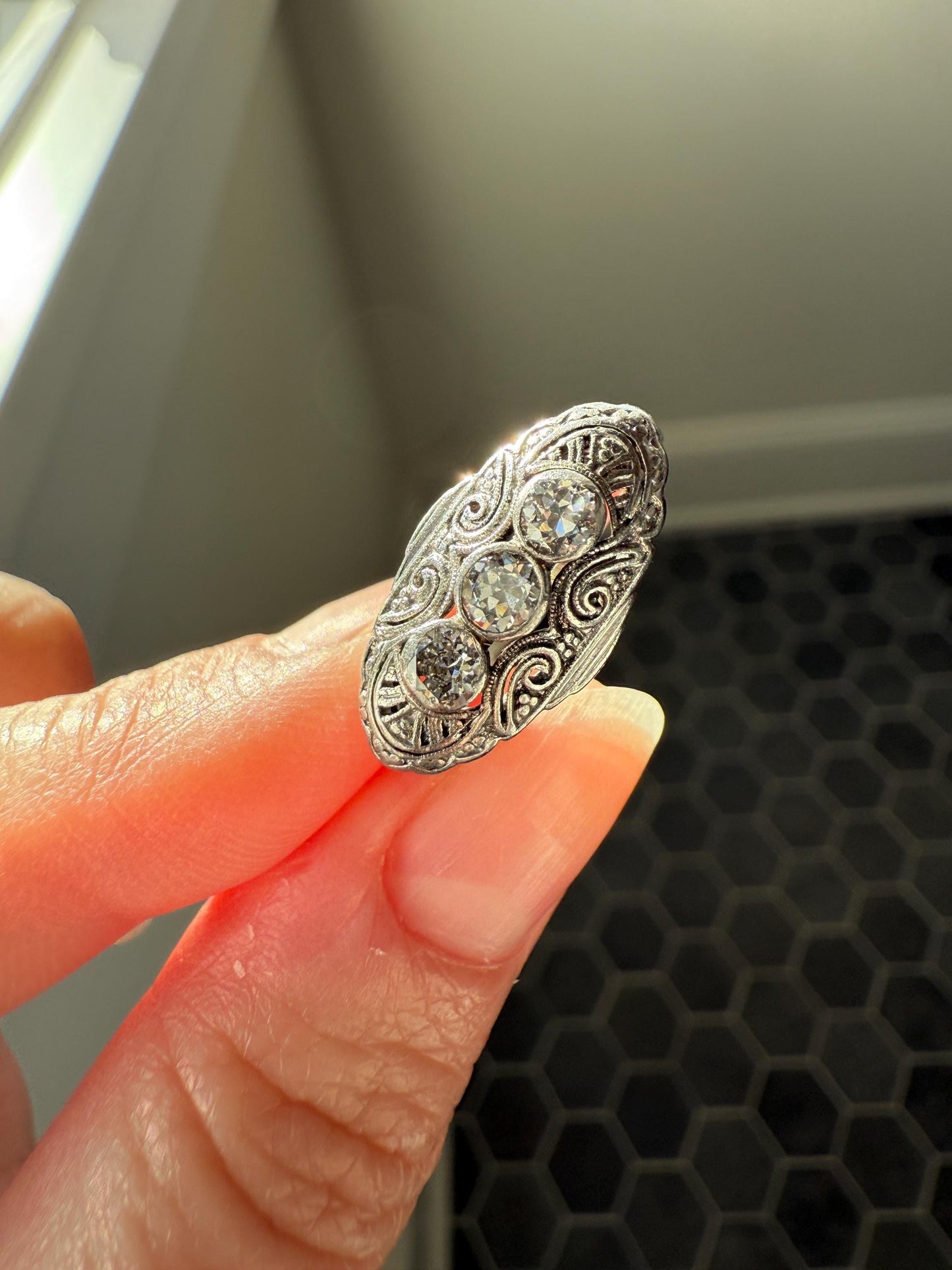 Three Stone Antique East West Filigree Navette Marquise Ring Antique 14k White Gold & Platinum Transitional Cut DIAMOND Unique Band Stacker