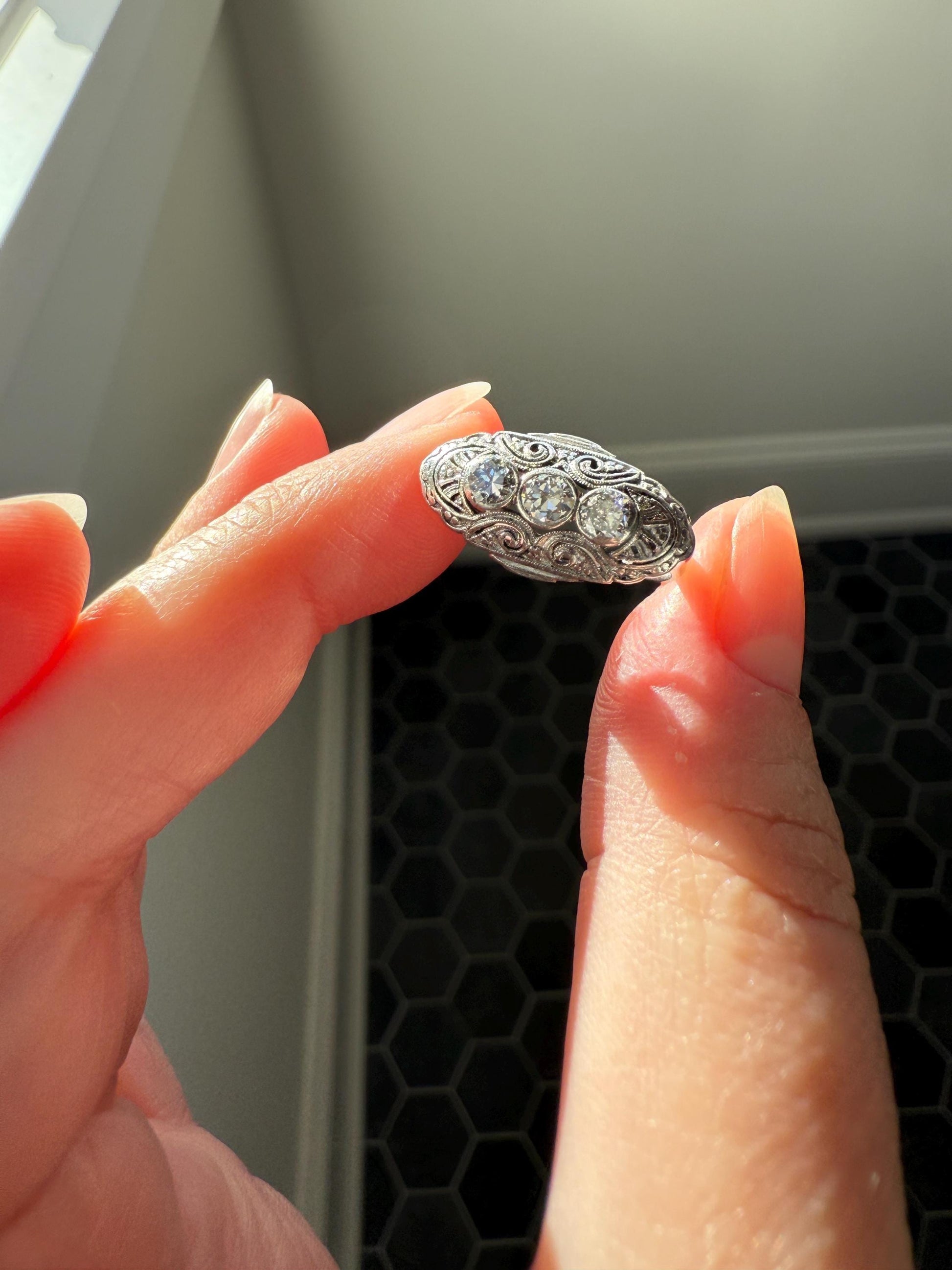 Three Stone Antique East West Filigree Navette Marquise Ring Antique 14k White Gold & Platinum Transitional Cut DIAMOND Unique Band Stacker