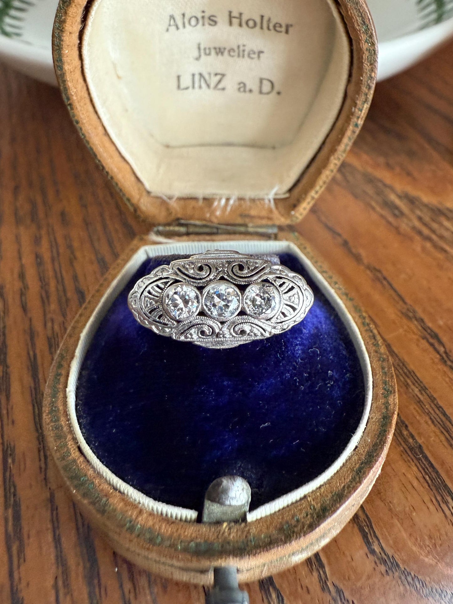 Three Stone Antique East West Filigree Navette Marquise Ring Antique 14k White Gold & Platinum Transitional Cut DIAMOND Unique Band Stacker