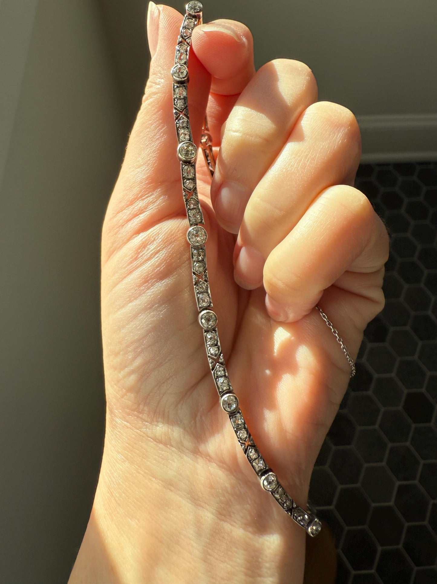 Antique 5 CARATS Old Mine Rose Cut DIAMOND Almost Riviera NECKLACE Choker Chain French 18k Gold Silver Bar Bezel Edwardian Art Deco Collar