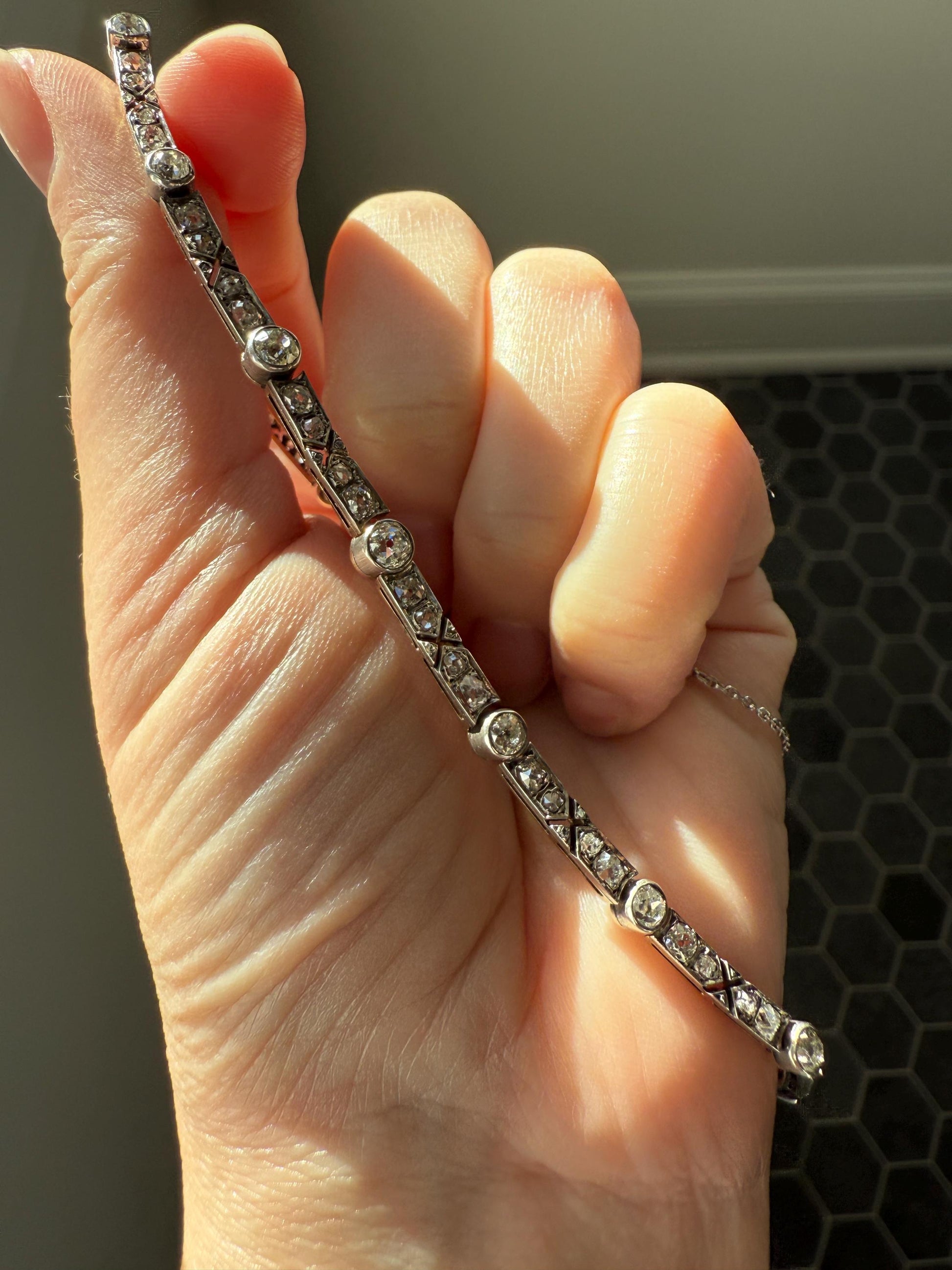Antique 5 CARATS Old Mine Rose Cut DIAMOND Almost Riviera NECKLACE Choker Chain French 18k Gold Silver Bar Bezel Edwardian Art Deco Collar