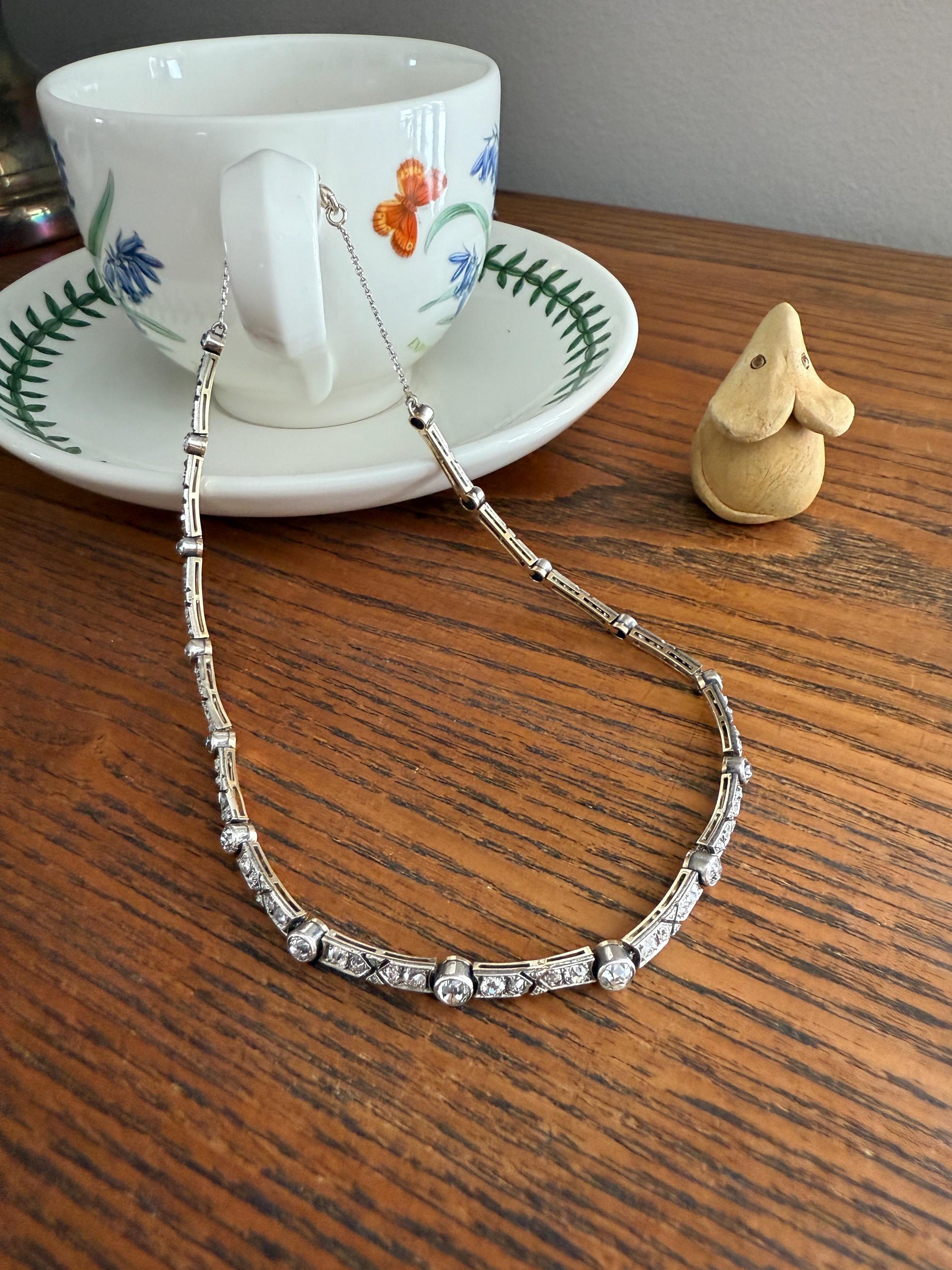 Antique 5 CARATS Old Mine Rose Cut DIAMOND Almost Riviera NECKLACE Choker Chain French 18k Gold Silver Bar Bezel Edwardian Art Deco Collar