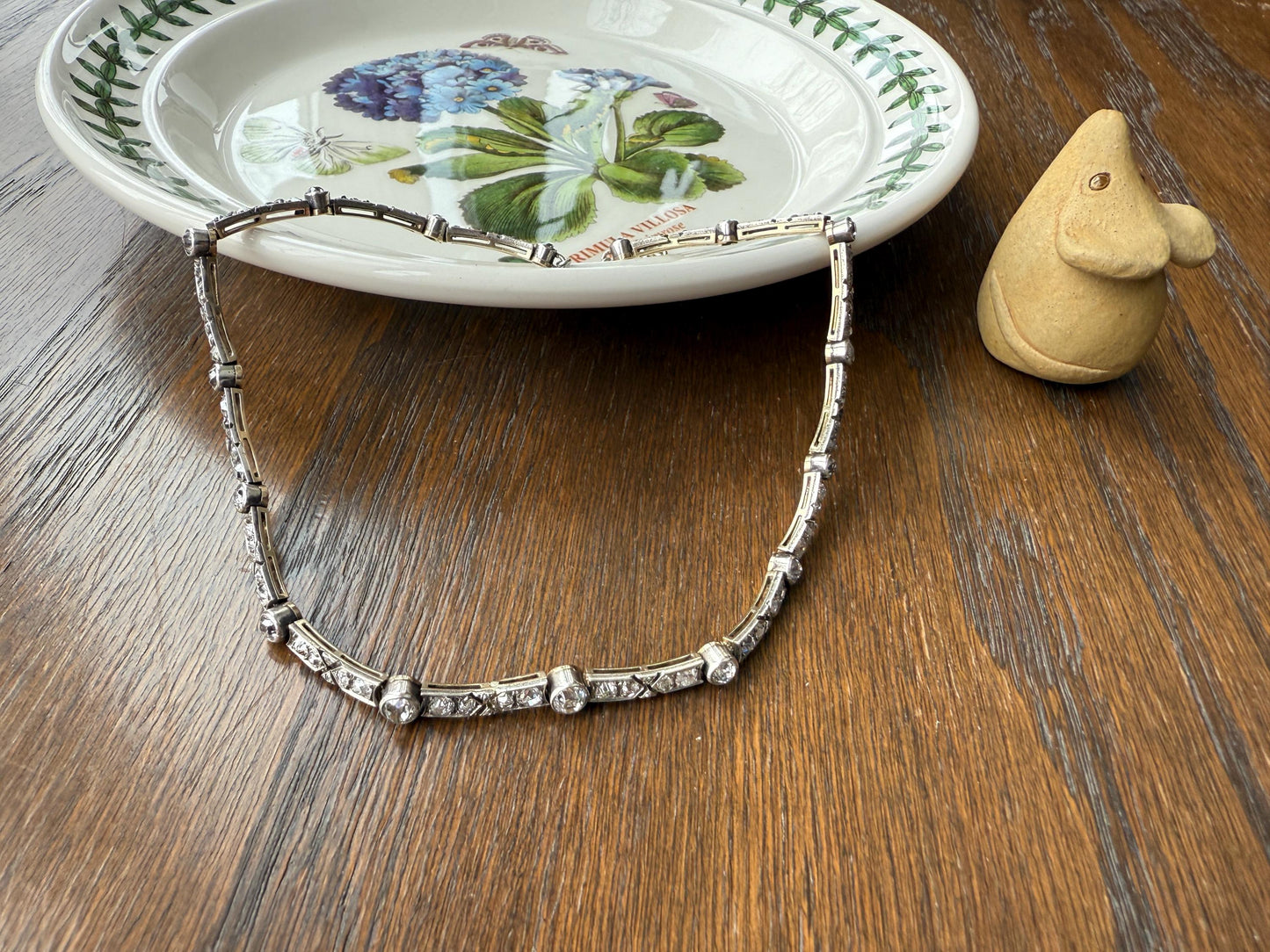 Antique 5 CARATS Old Mine Rose Cut DIAMOND Almost Riviera NECKLACE Choker Chain French 18k Gold Silver Bar Bezel Edwardian Art Deco Collar