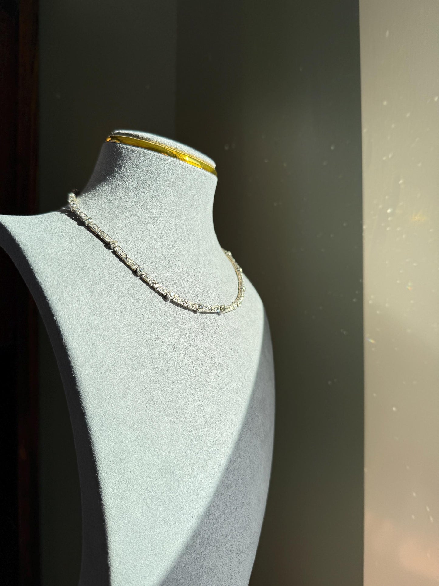 Antique 5 CARATS Old Mine Rose Cut DIAMOND Almost Riviera NECKLACE Choker Chain French 18k Gold Silver Bar Bezel Edwardian Art Deco Collar
