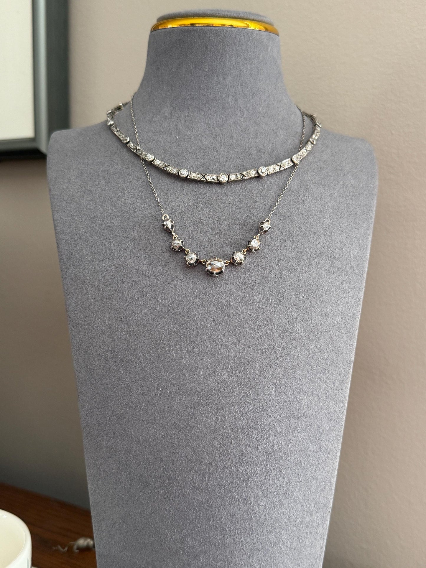 Antique 5 CARATS Old Mine Rose Cut DIAMOND Almost Riviera NECKLACE Choker Chain French 18k Gold Silver Bar Bezel Edwardian Art Deco Collar