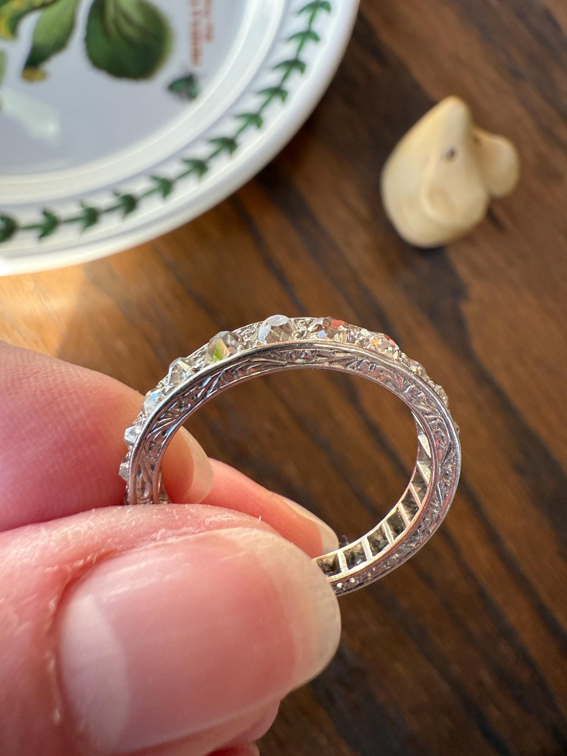 ANTIQUE 2.1 Carats Tapered 25 Old Mine Cut DIAMOND Full Eternity Band PLATINUM Ring Wedding Stacker Romantic Gift Edwardian Unisex Large Sz