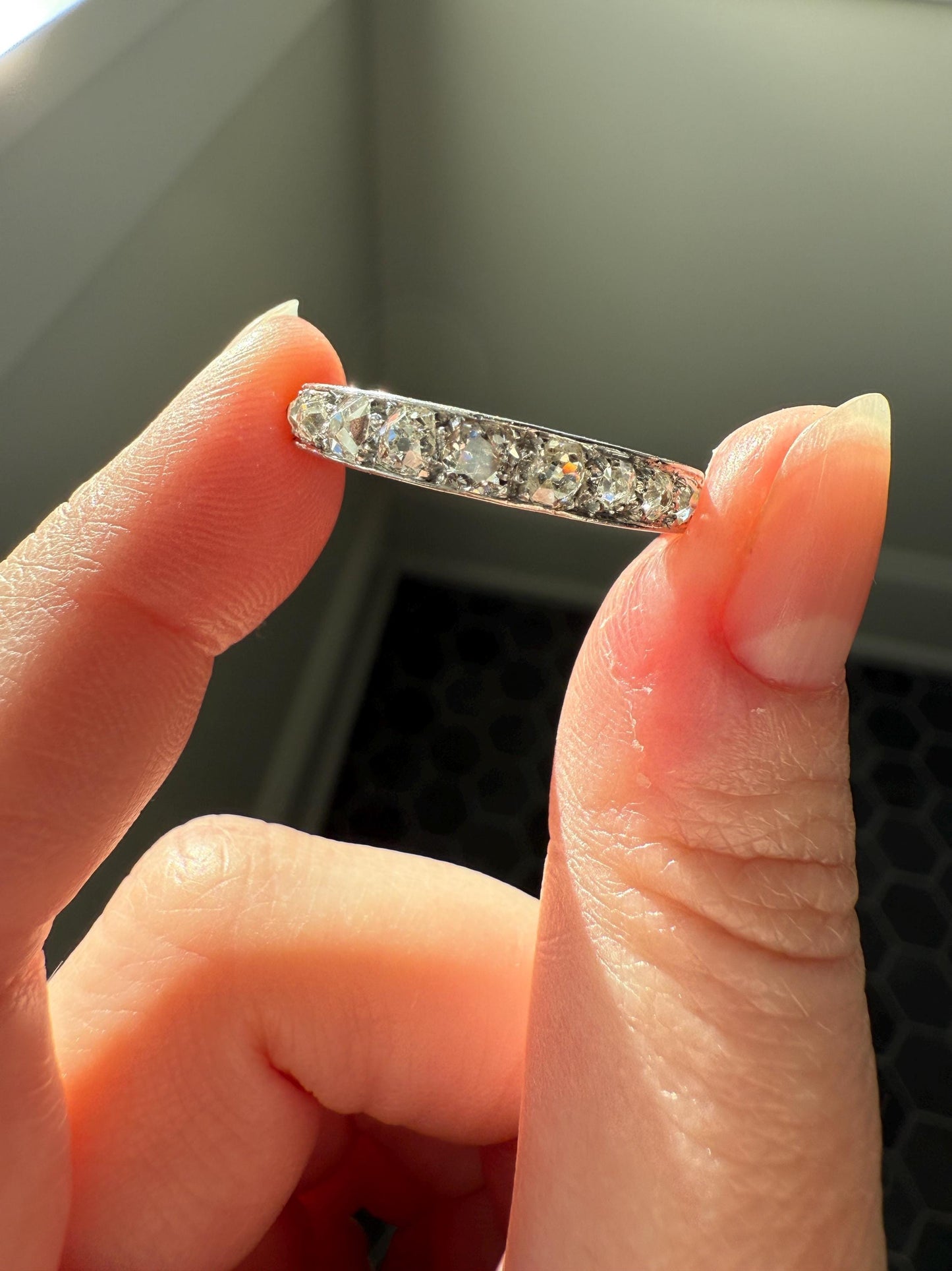 ANTIQUE 2.1 Carats Tapered 25 Old Mine Cut DIAMOND Full Eternity Band PLATINUM Ring Wedding Stacker Romantic Gift Edwardian Unisex Large Sz