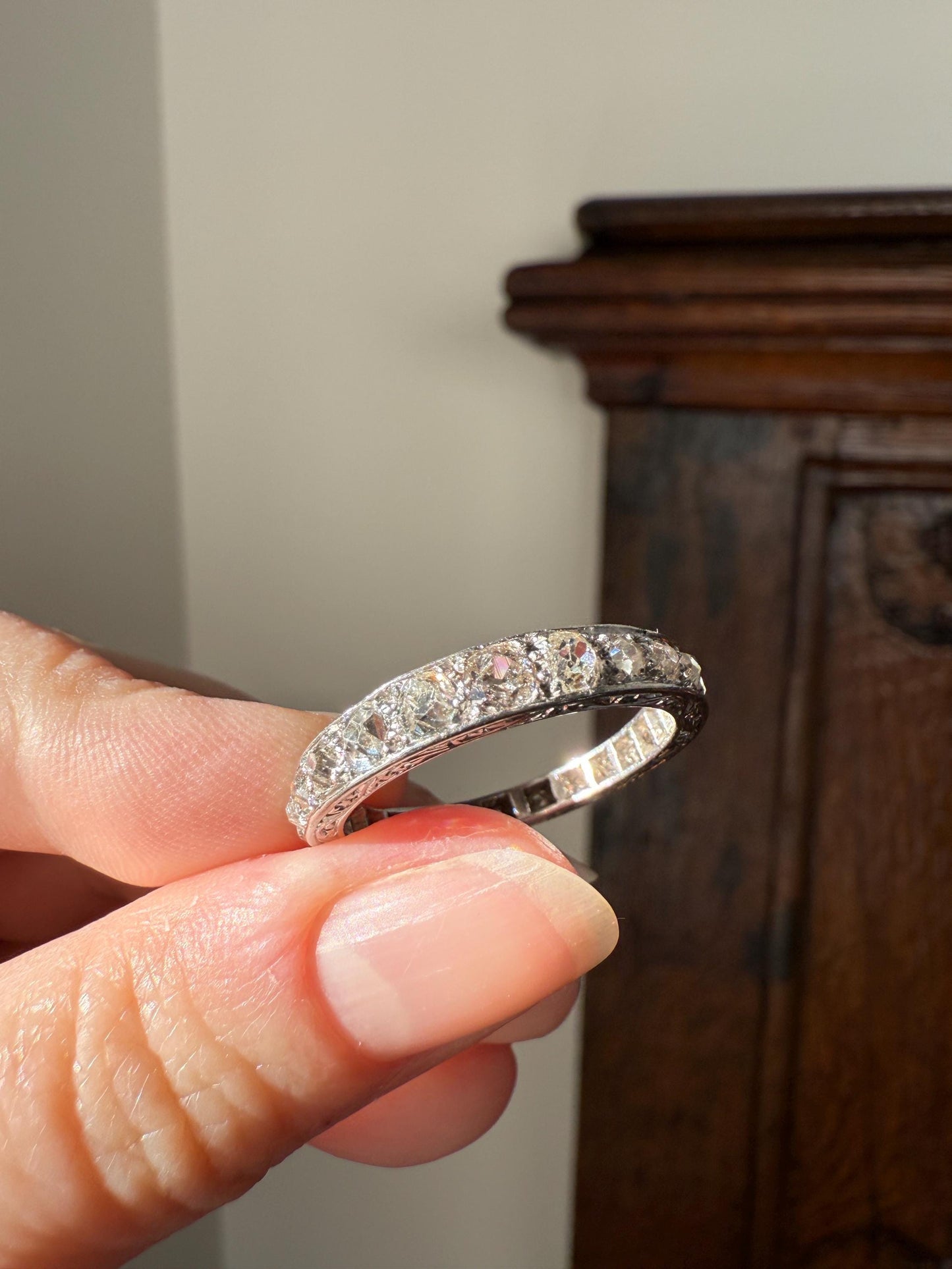 ANTIQUE 2.1 Carats Tapered 25 Old Mine Cut DIAMOND Full Eternity Band PLATINUM Ring Wedding Stacker Romantic Gift Edwardian Unisex Large Sz