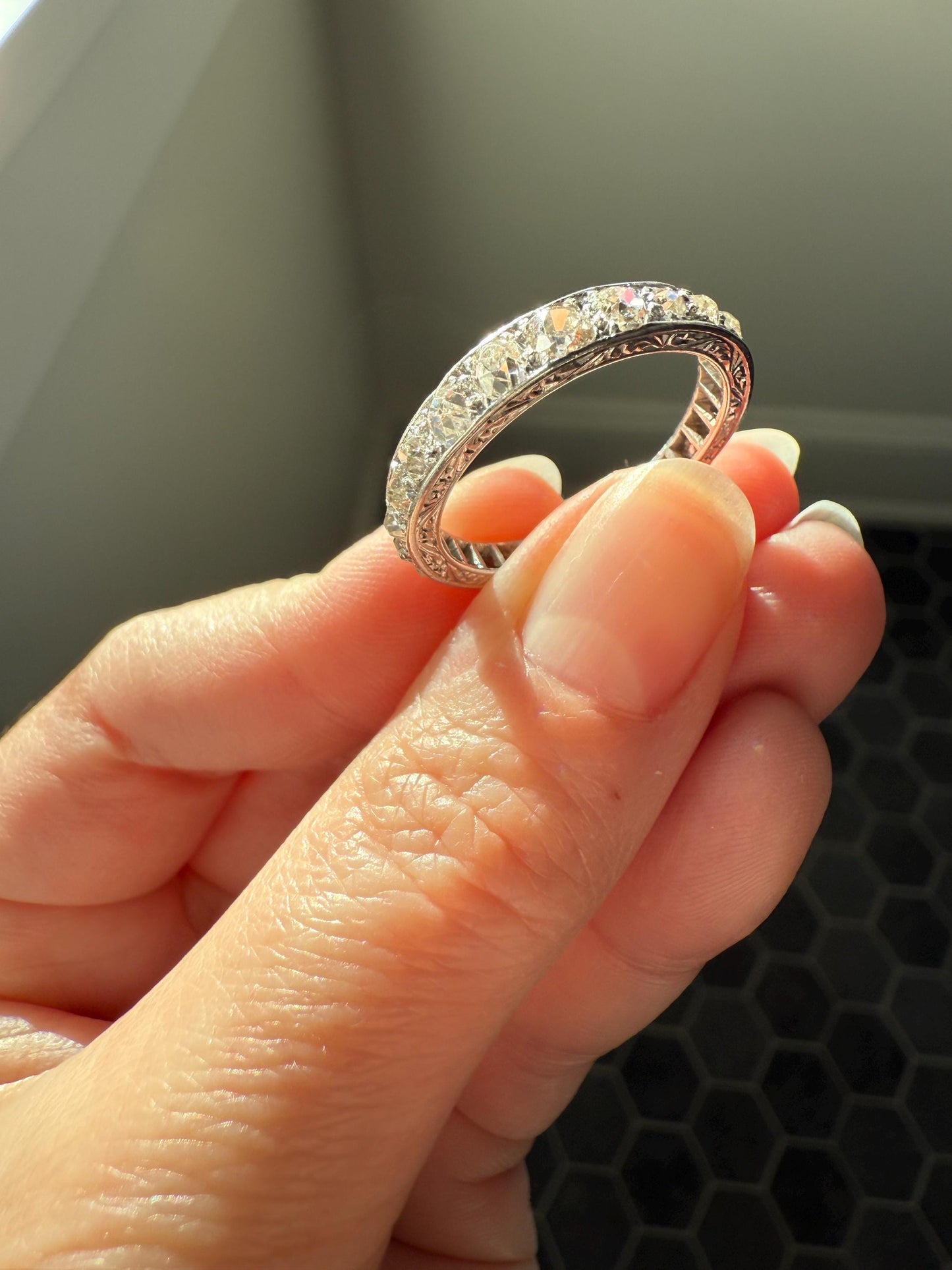ANTIQUE 2.1 Carats Tapered 25 Old Mine Cut DIAMOND Full Eternity Band PLATINUM Ring Wedding Stacker Romantic Gift Edwardian Unisex Large Sz