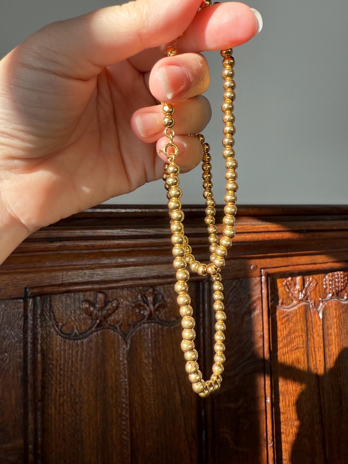 Uniform French Vintage 10.2g 18k GOLD Pearl Solid Traditional Marseille Chain Necklace Smaller Beads 18" Collar Neckmess Staple