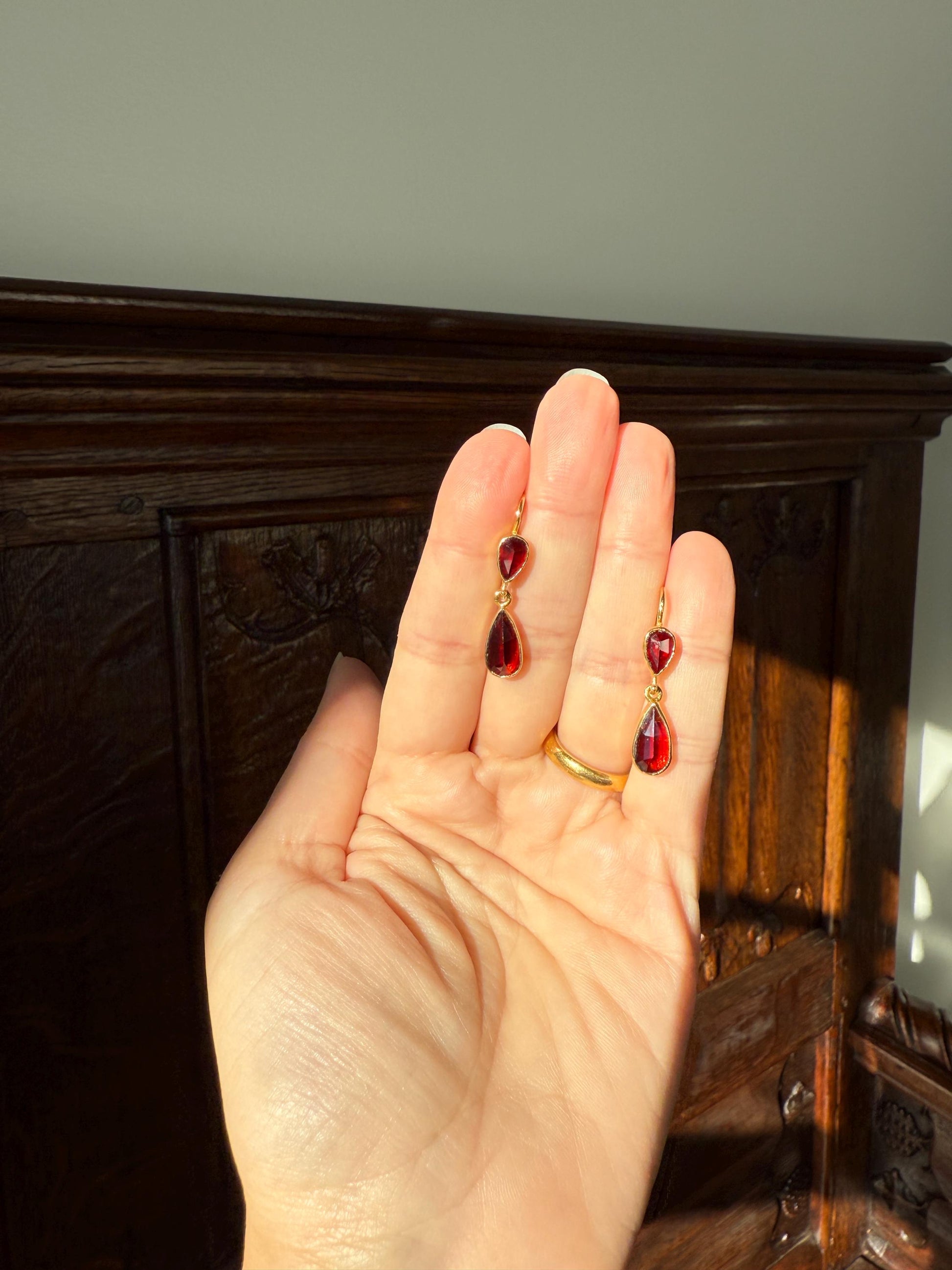 Teardrop Dangles Vintage Pear PERPIGNAN GARNET Earrings 18k Gold French Dormouse Rose Cut Closed Back Crimson Red