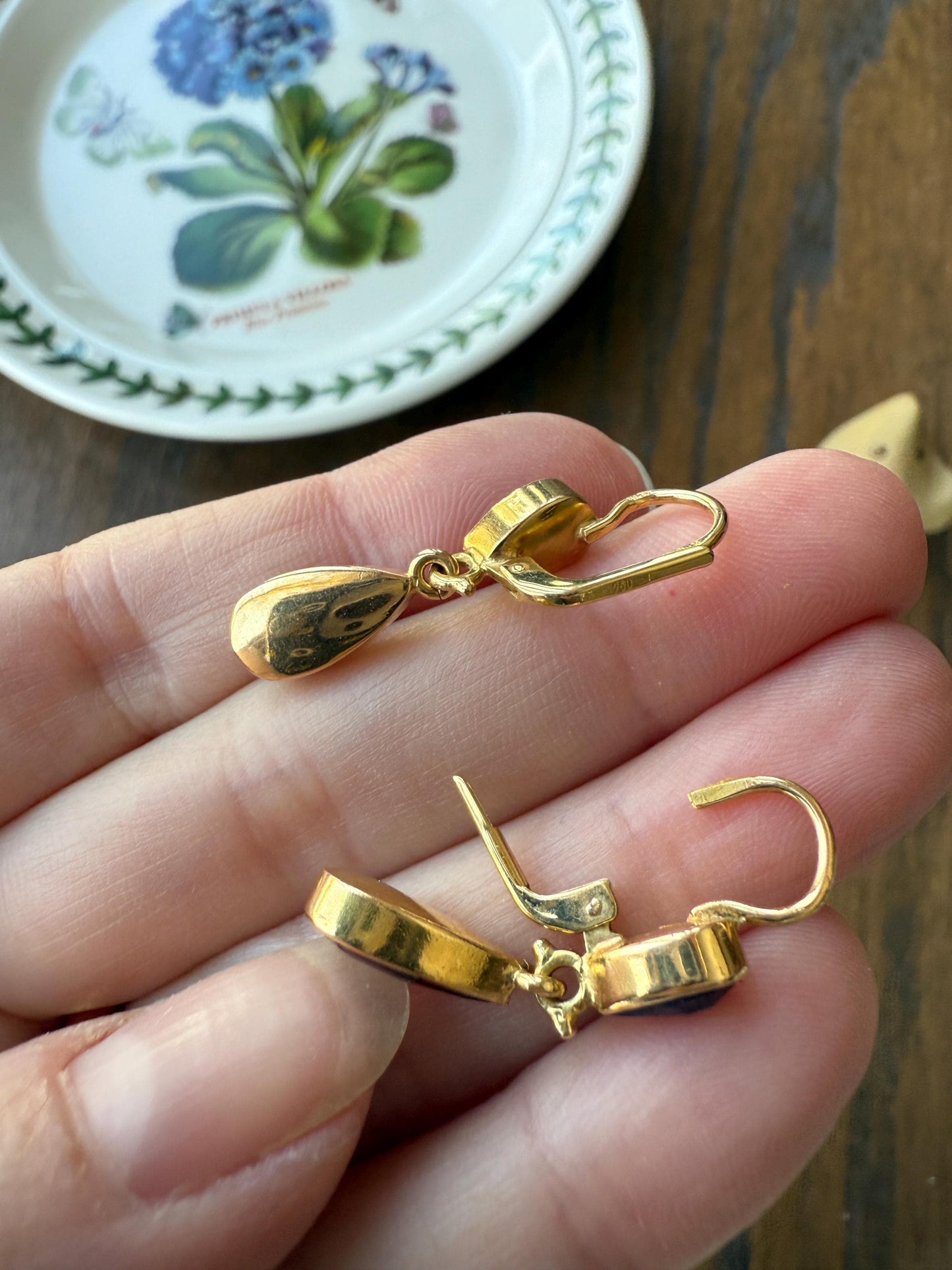 Teardrop Dangles Vintage Pear PERPIGNAN GARNET Earrings 18k Gold French Dormouse Rose Cut Closed Back Crimson Red