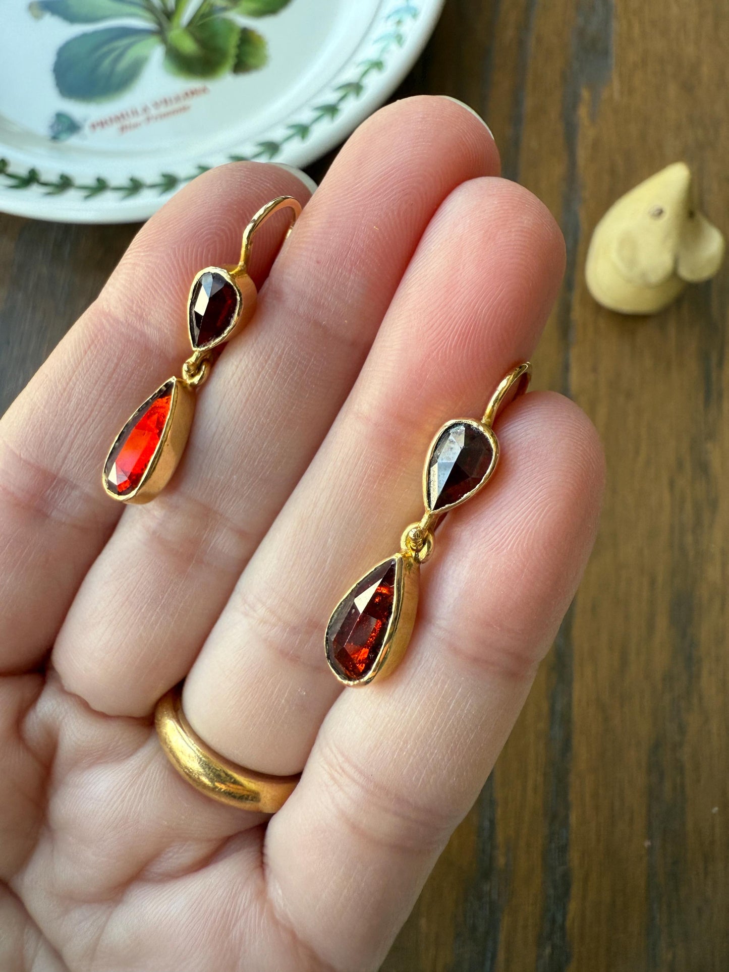 Teardrop Dangles Vintage Pear PERPIGNAN GARNET Earrings 18k Gold French Dormouse Rose Cut Closed Back Crimson Red
