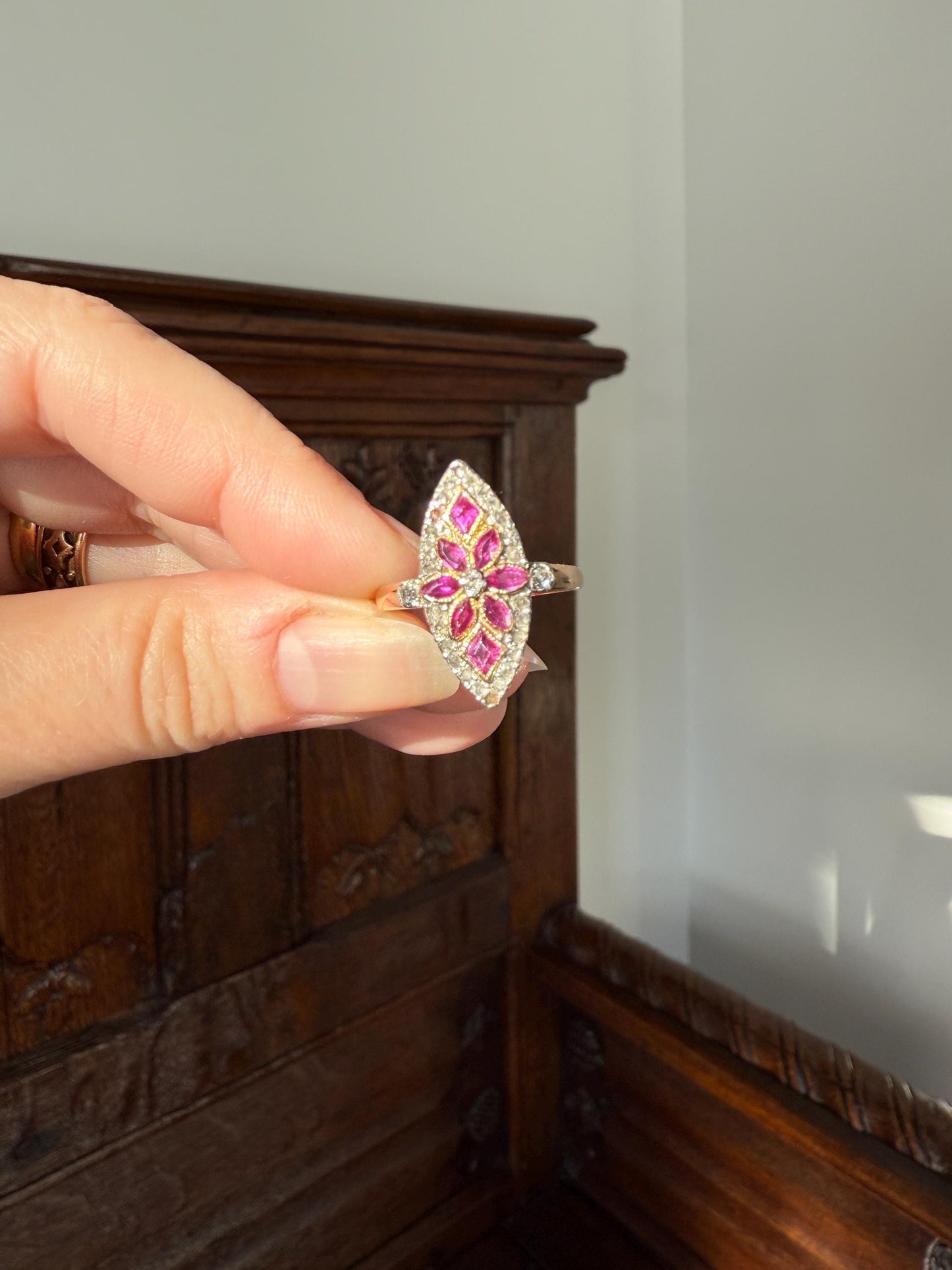 Floral Starburst Art NOUVEAU Antique FRENCH Rose Cut Diamond RUBY Sapphire Navette Ring 18k Gold PLATiNUM Belle Epoque Pink
