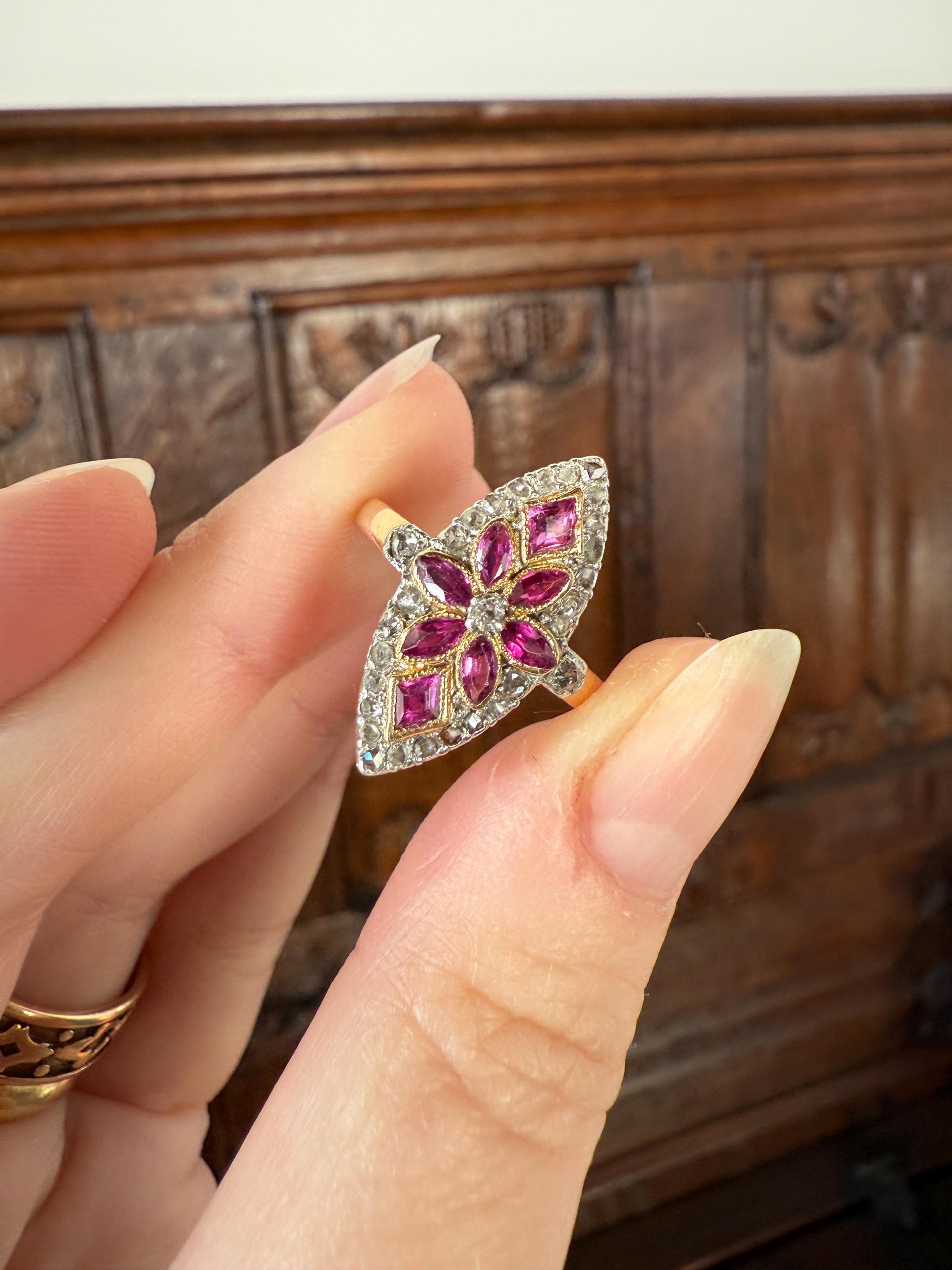Floral Starburst Art NOUVEAU Antique FRENCH Rose Cut Diamond RUBY Sapphire Navette Ring 18k Gold PLATiNUM Belle Epoque Pink