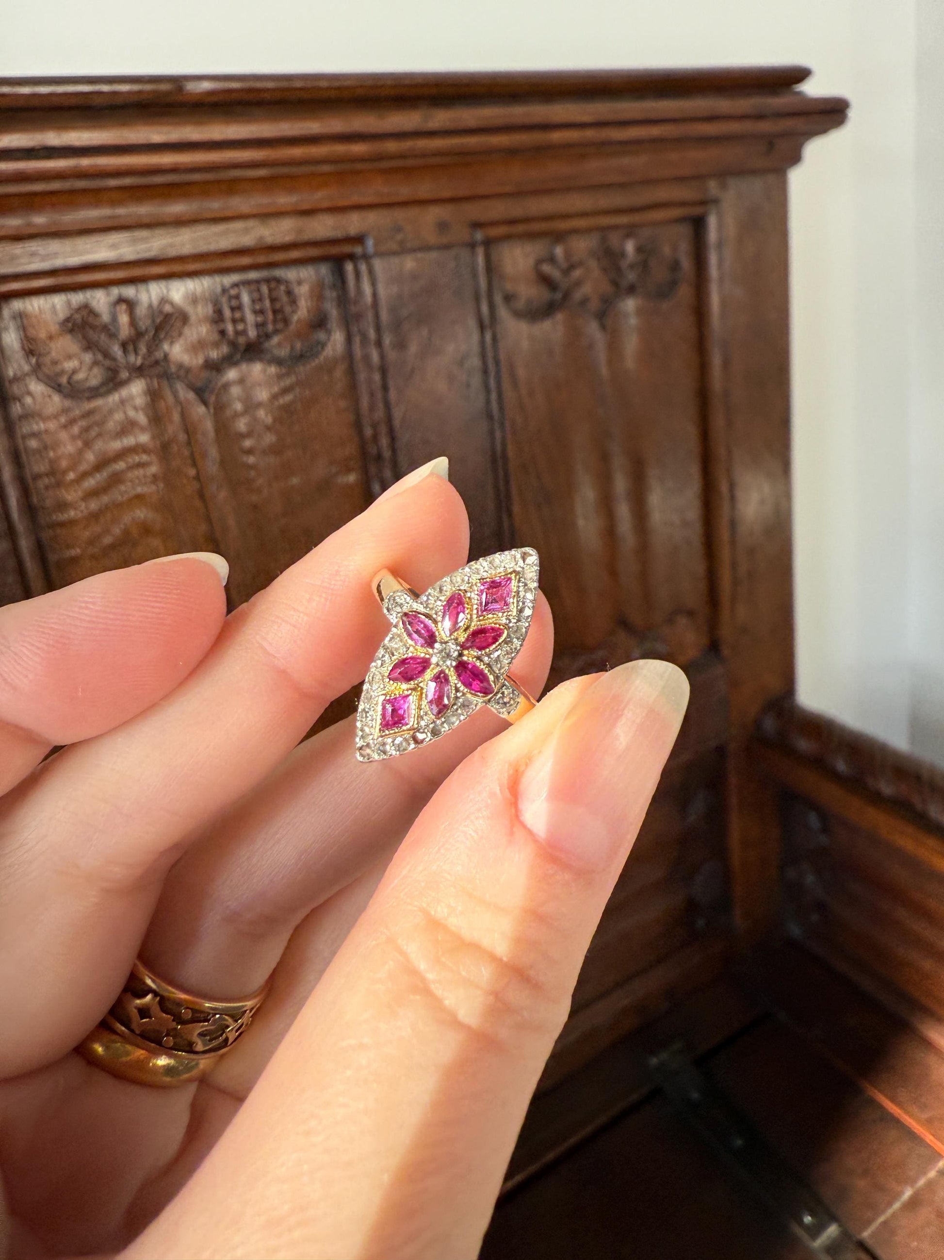 Floral Starburst Art NOUVEAU Antique FRENCH Rose Cut Diamond RUBY Sapphire Navette Ring 18k Gold PLATiNUM Belle Epoque Pink