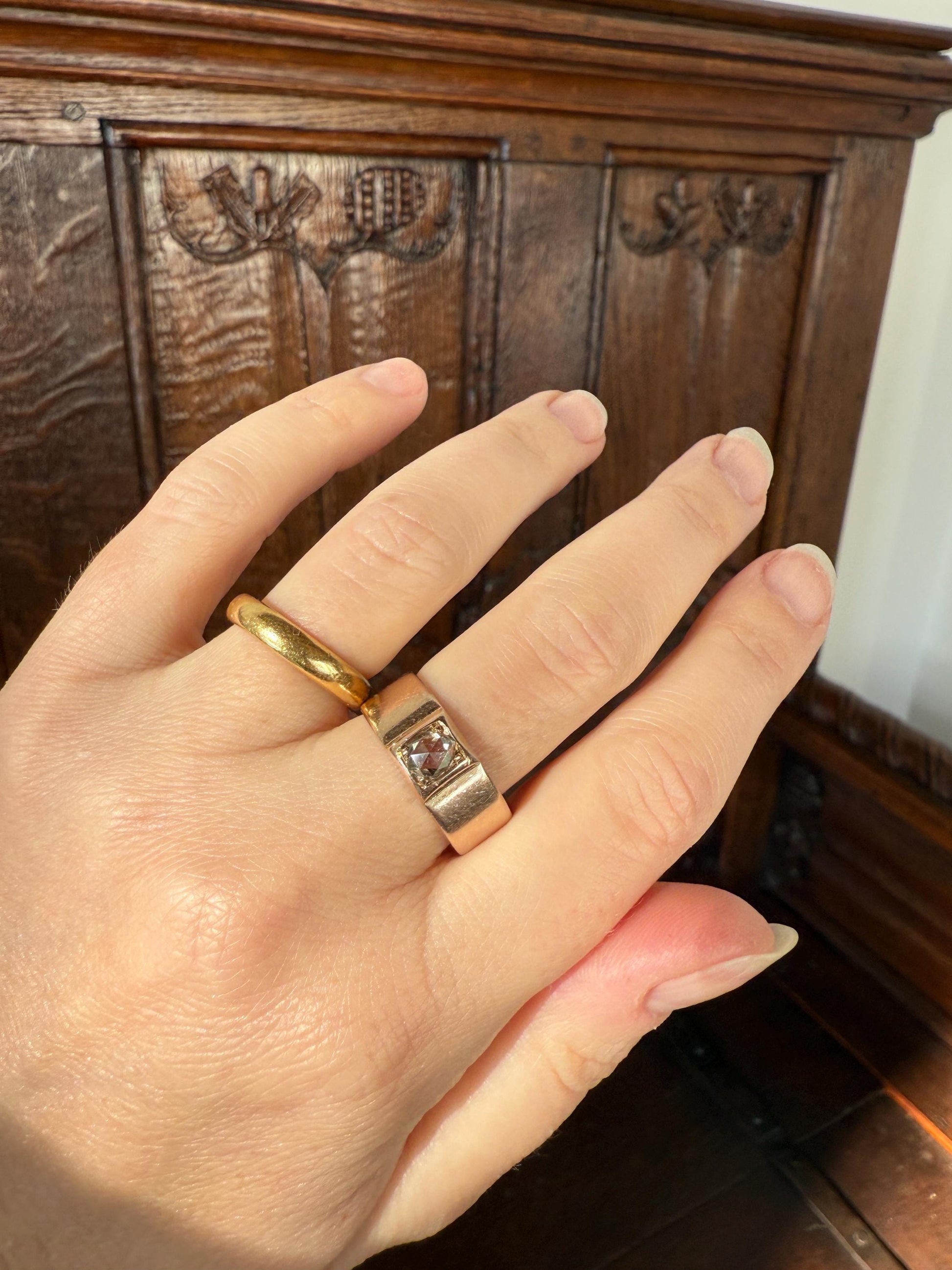 Antique Eye Clean Rose Cut DIAMOND French ViCTORIAN 7.3mm Wide Cigar Band Ring 7.3g 18k Gold Solid Stacker Chunky Belle Epoque Unisex