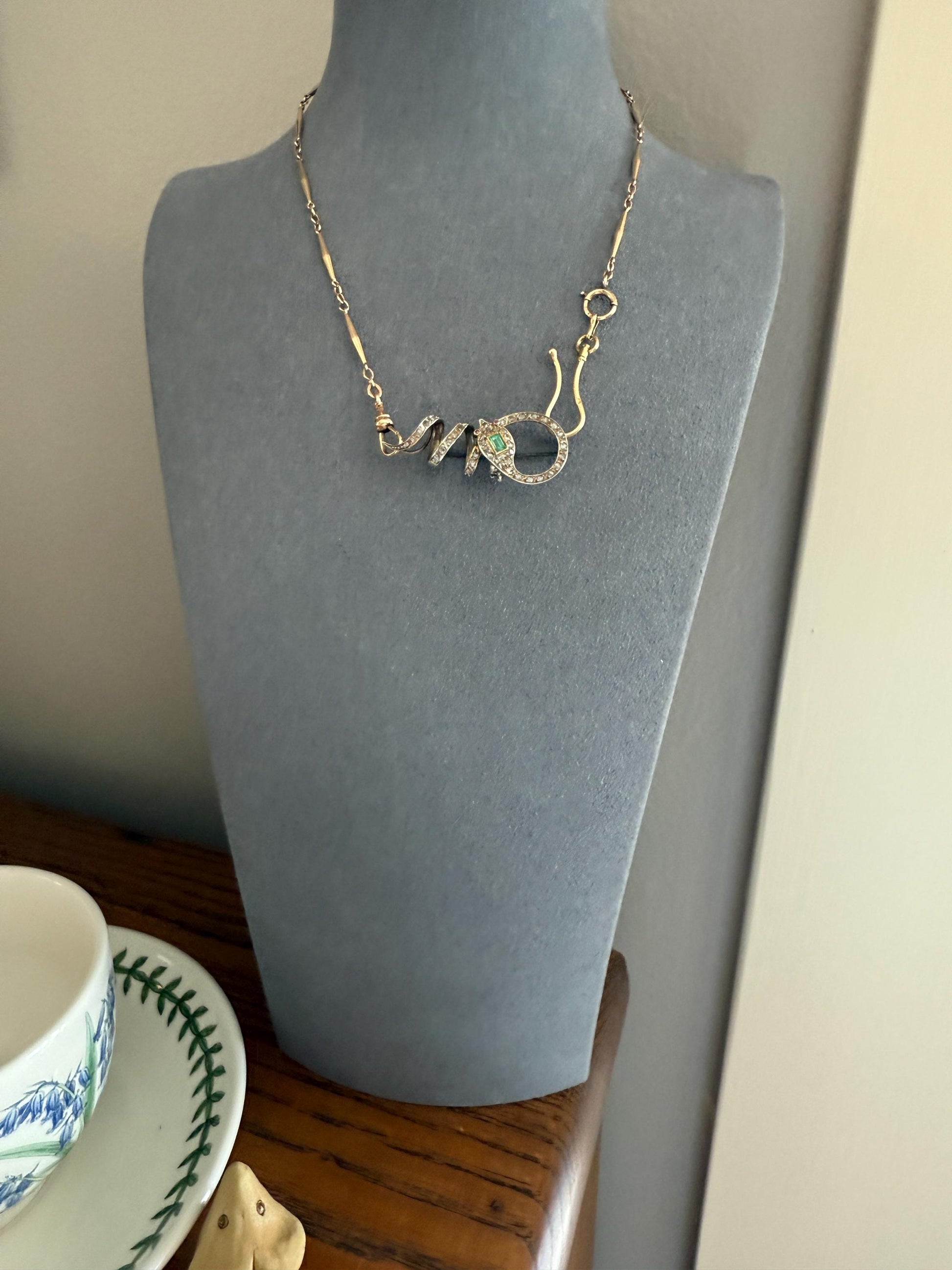 SNAKE French Antique Silver & 18k GOLD Emerald Rose Cut DIAMOND Gem Set Brooch Pendant Connector Cobra Green Figural Victorian