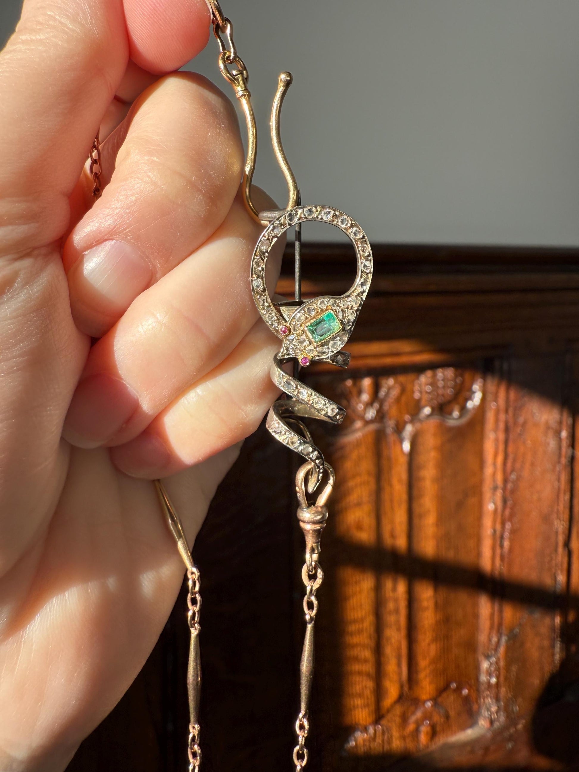 SNAKE French Antique Silver & 18k GOLD Emerald Rose Cut DIAMOND Gem Set Brooch Pendant Connector Cobra Green Figural Victorian