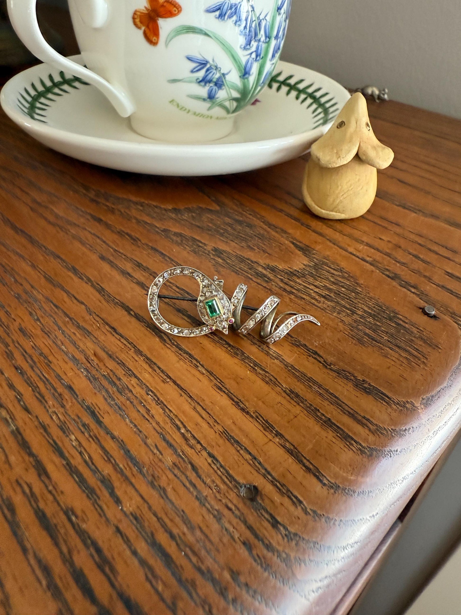 SNAKE French Antique Silver & 18k GOLD Emerald Rose Cut DIAMOND Gem Set Brooch Pendant Connector Cobra Green Figural Victorian