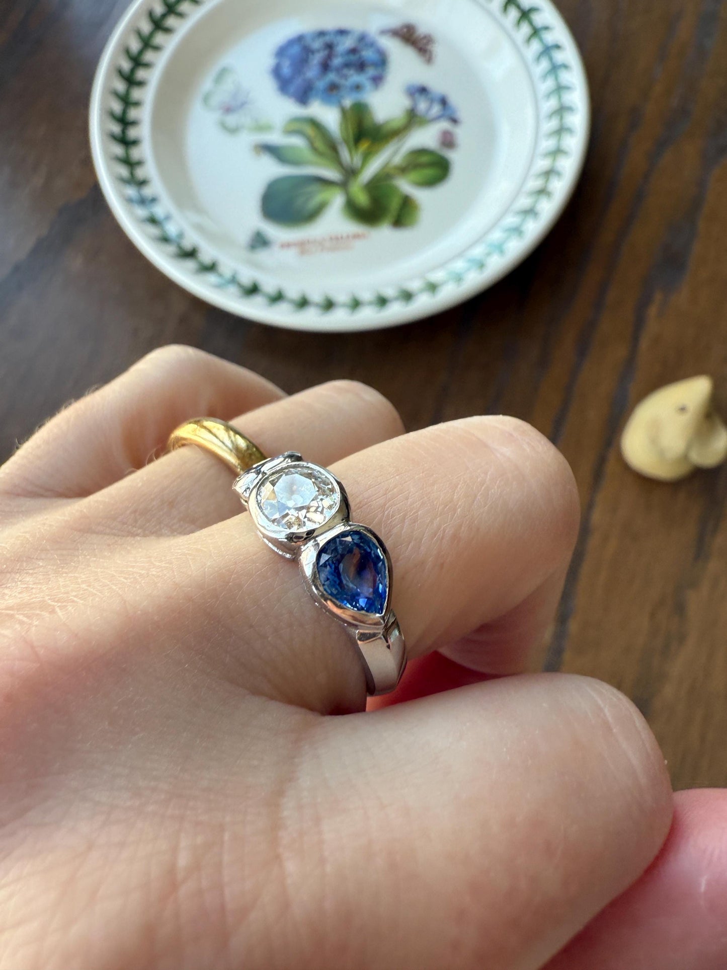 Vintage Spready One Carat Old Mine Cut DIAMOND Natural Pear SAPPHIRE East West OVAL Platinum Three Stone Ring Bezel Stacker Band Blue Chunky